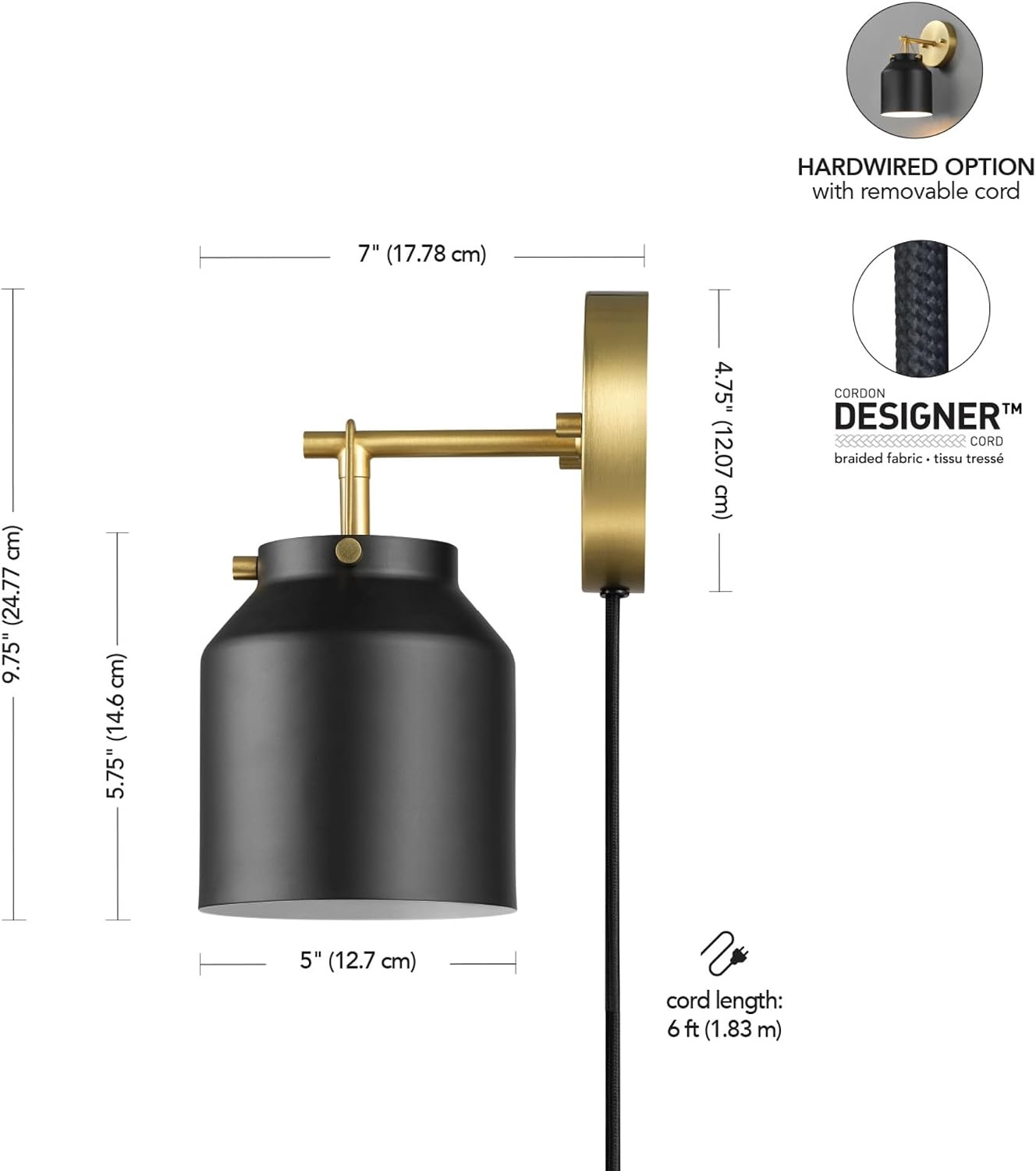 image:imageGlobe Electric Plugin or Hardwire Wall Sconce Matte Black Shade Matte Brass Accents Braided Cord 65000102Black Sacha