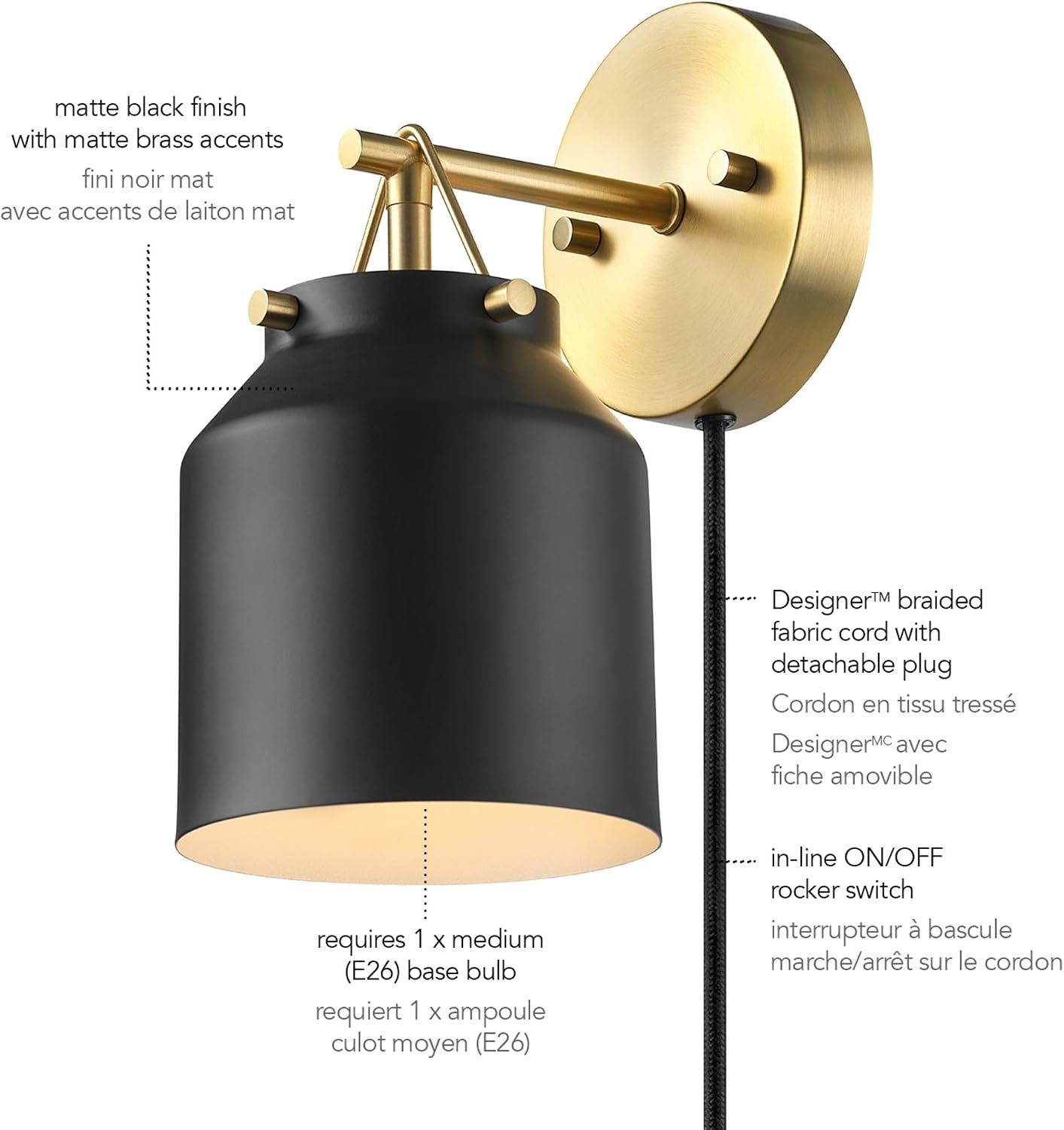 image:imageGlobe Electric Plugin or Hardwire Wall Sconce Matte Black Shade Matte Brass Accents Braided Cord 65000102Black Sacha