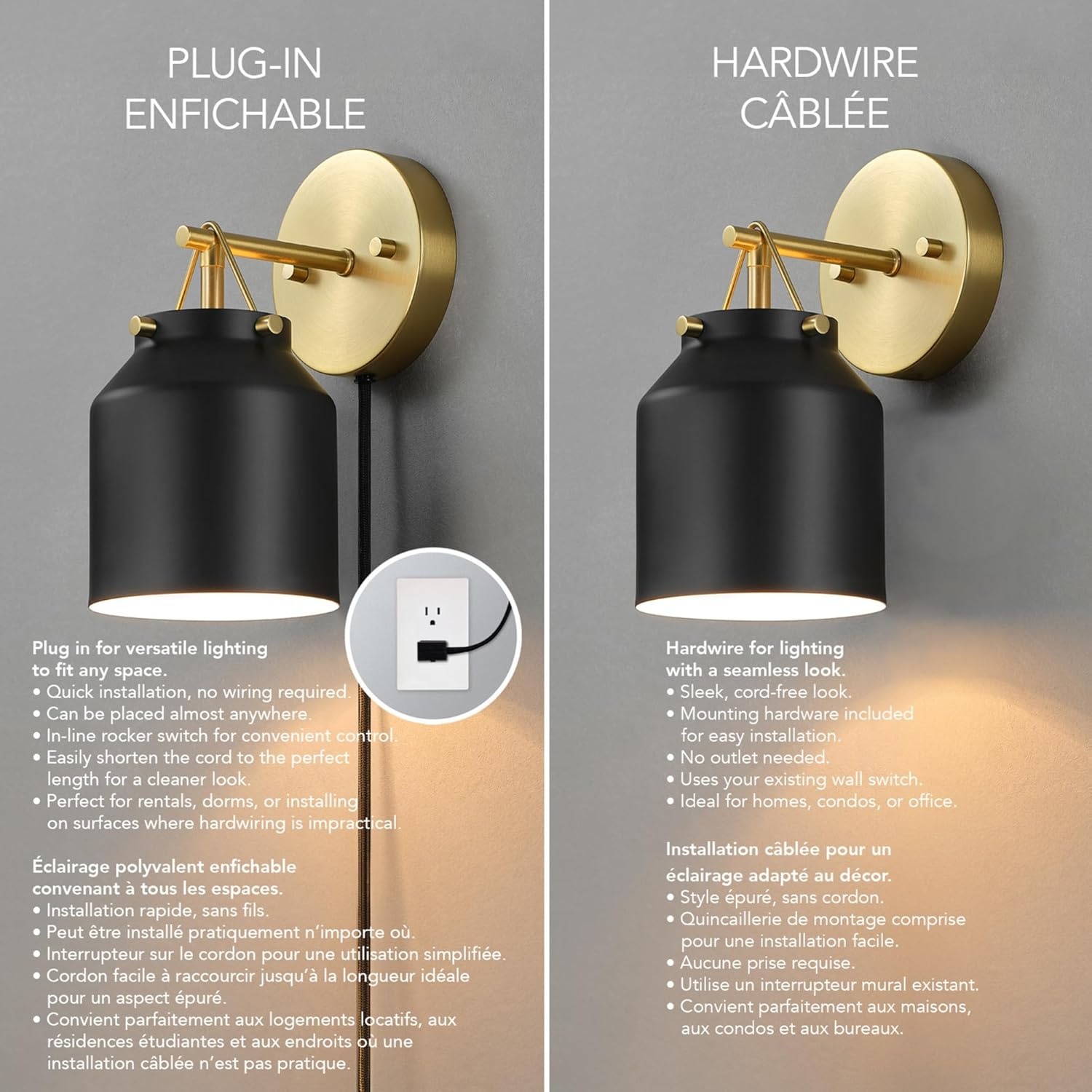 image:imageGlobe Electric Plugin or Hardwire Wall Sconce Matte Black Shade Matte Brass Accents Braided Cord 65000102Black Sacha