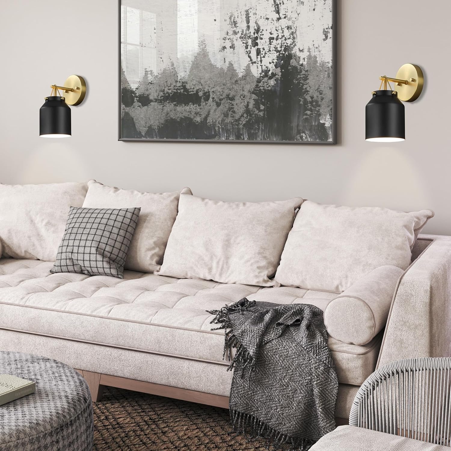 image:imageGlobe Electric Plugin or Hardwire Wall Sconce Matte Black Shade Matte Brass Accents Braided Cord 65000102Black Sacha