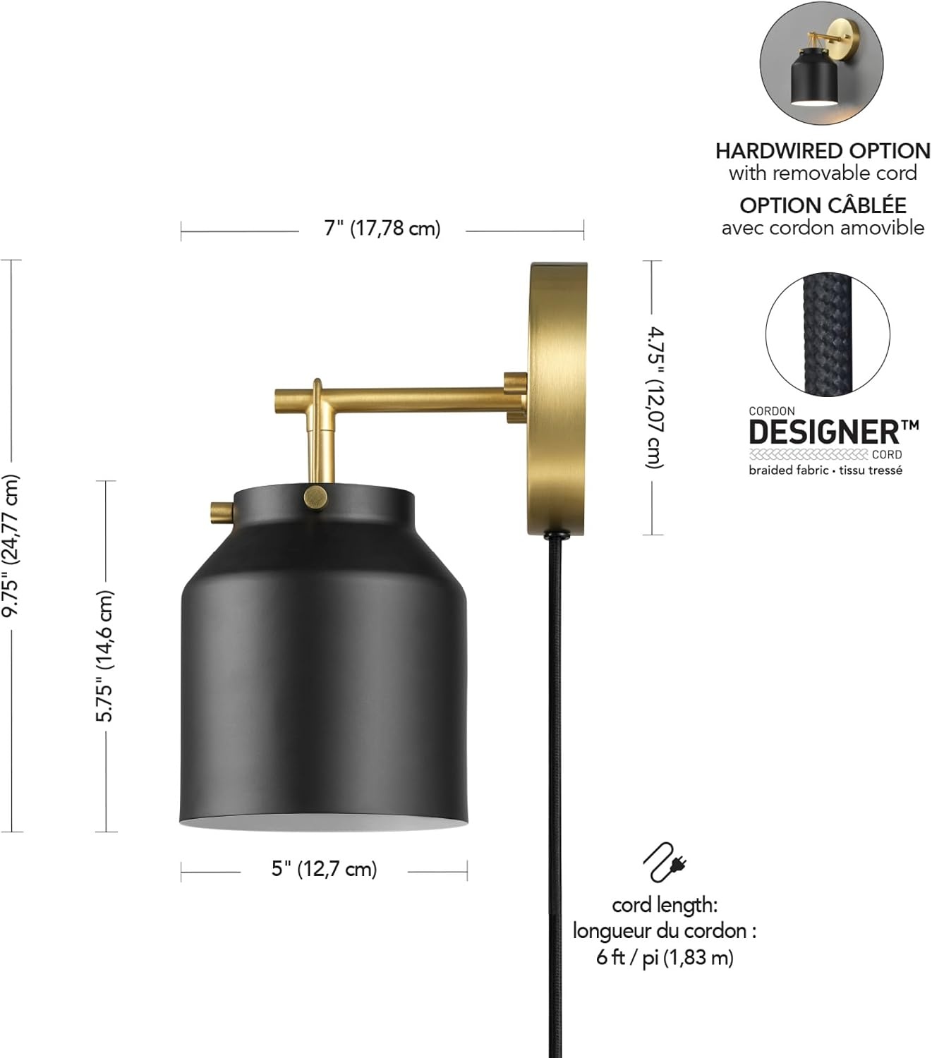 image:imageGlobe Electric Plugin or Hardwire Wall Sconce Matte Black Shade Matte Brass Accents Braided Cord 65000102Black Sacha