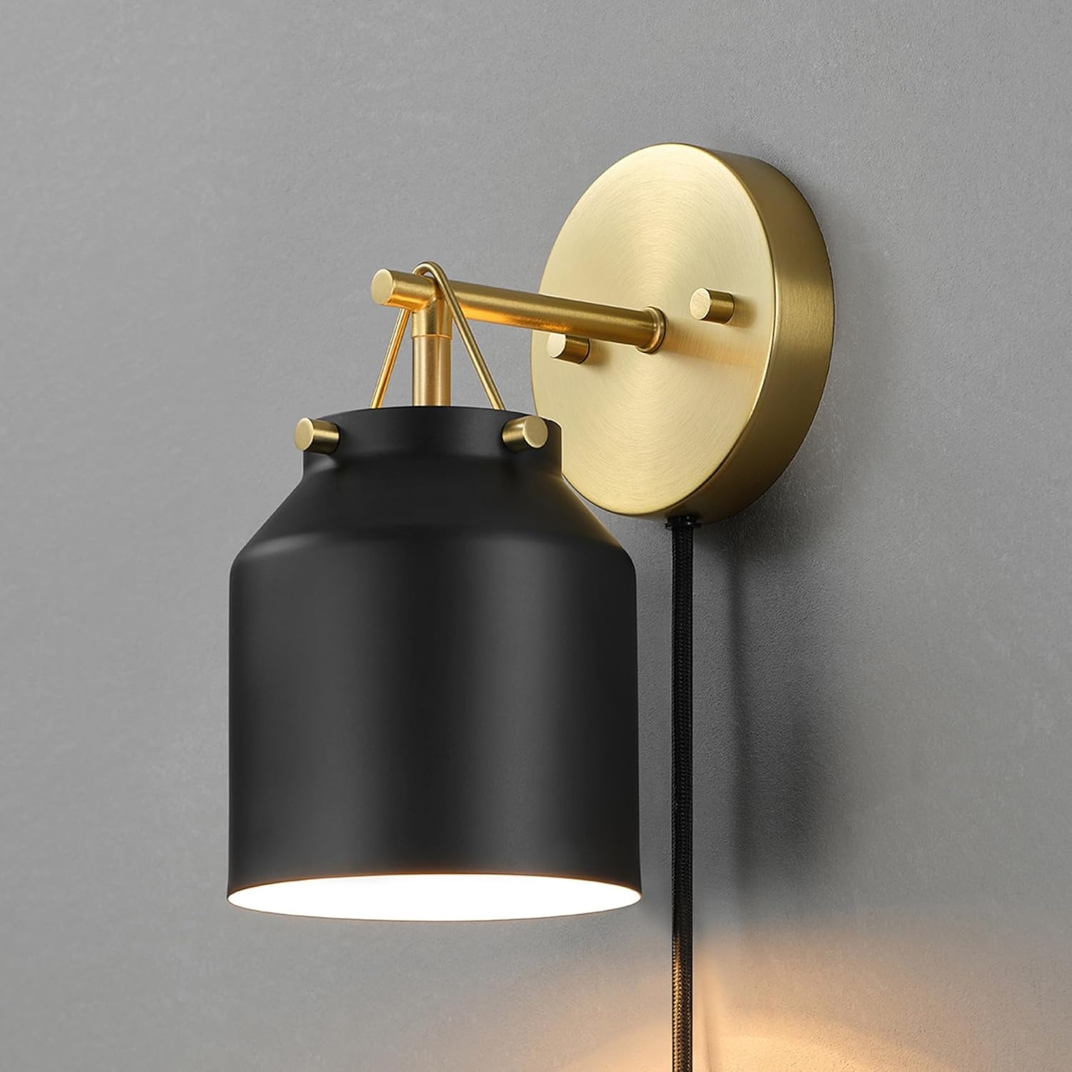 image:imageGlobe Electric Plugin or Hardwire Wall Sconce Matte Black Shade Matte Brass Accents Braided Cord 65000102Black Sacha