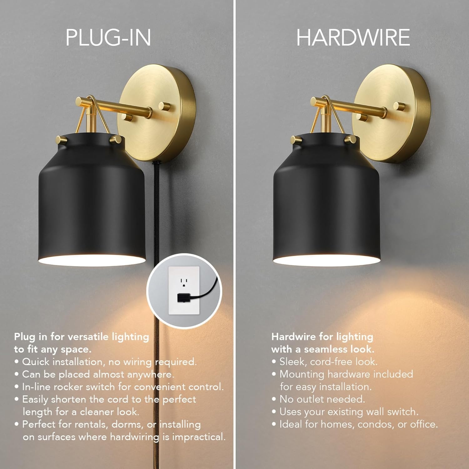 image:imageGlobe Electric Plugin or Hardwire Wall Sconce Matte Black Shade Matte Brass Accents Braided Cord 65000102Black Sacha