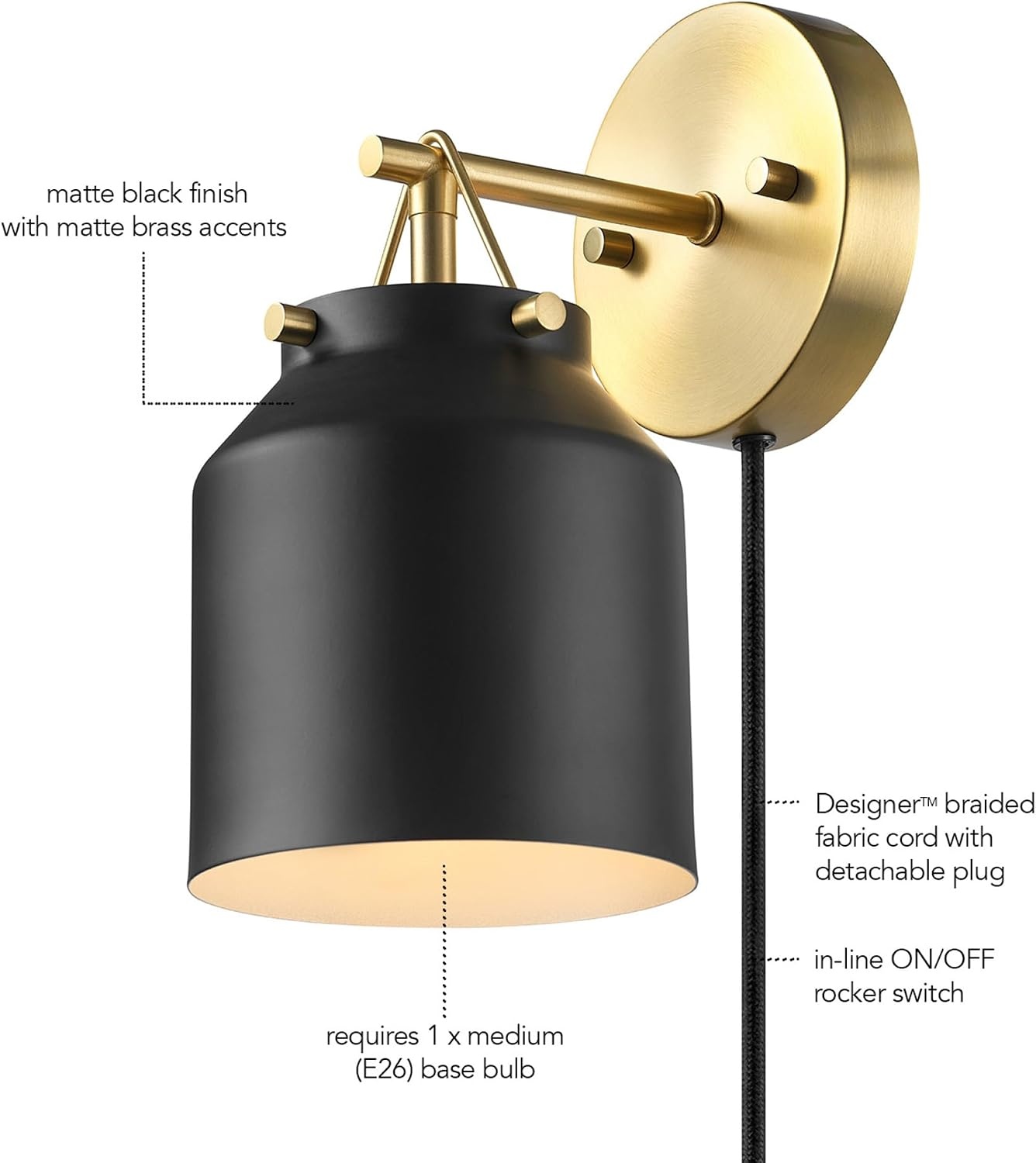 image:imageGlobe Electric Plugin or Hardwire Wall Sconce Matte Black Shade Matte Brass Accents Braided Cord 65000102Black Sacha