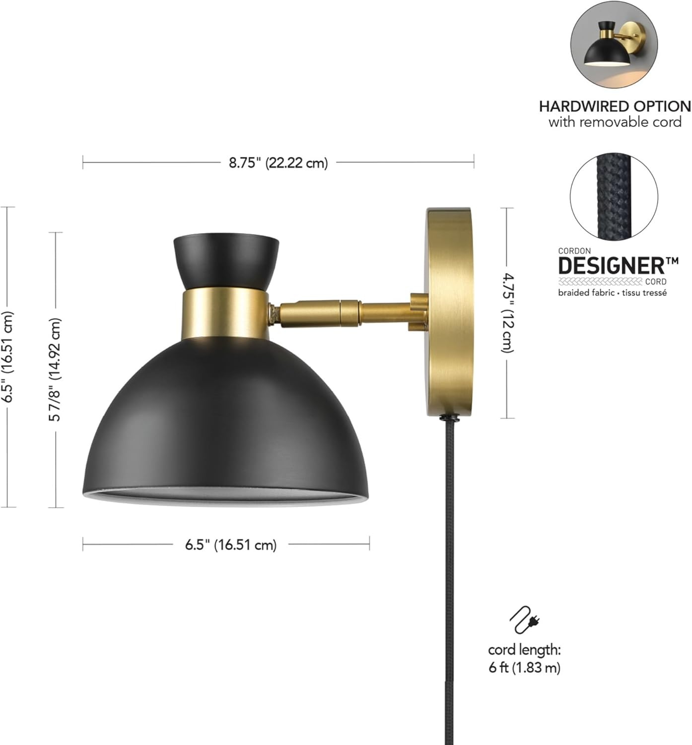 image:imageGlobe Electric Plugin or Hardwire Wall Sconce Matte Black Shade Matte Brass Accents Braided Cord 65000102Brass Matte Black