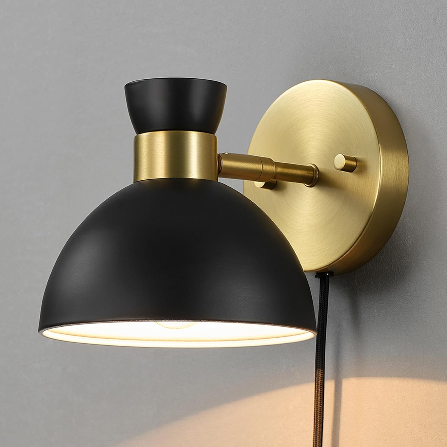 image:imageGlobe Electric Plugin or Hardwire Wall Sconce Matte Black Shade Matte Brass Accents Braided Cord 65000102Brass Matte Black