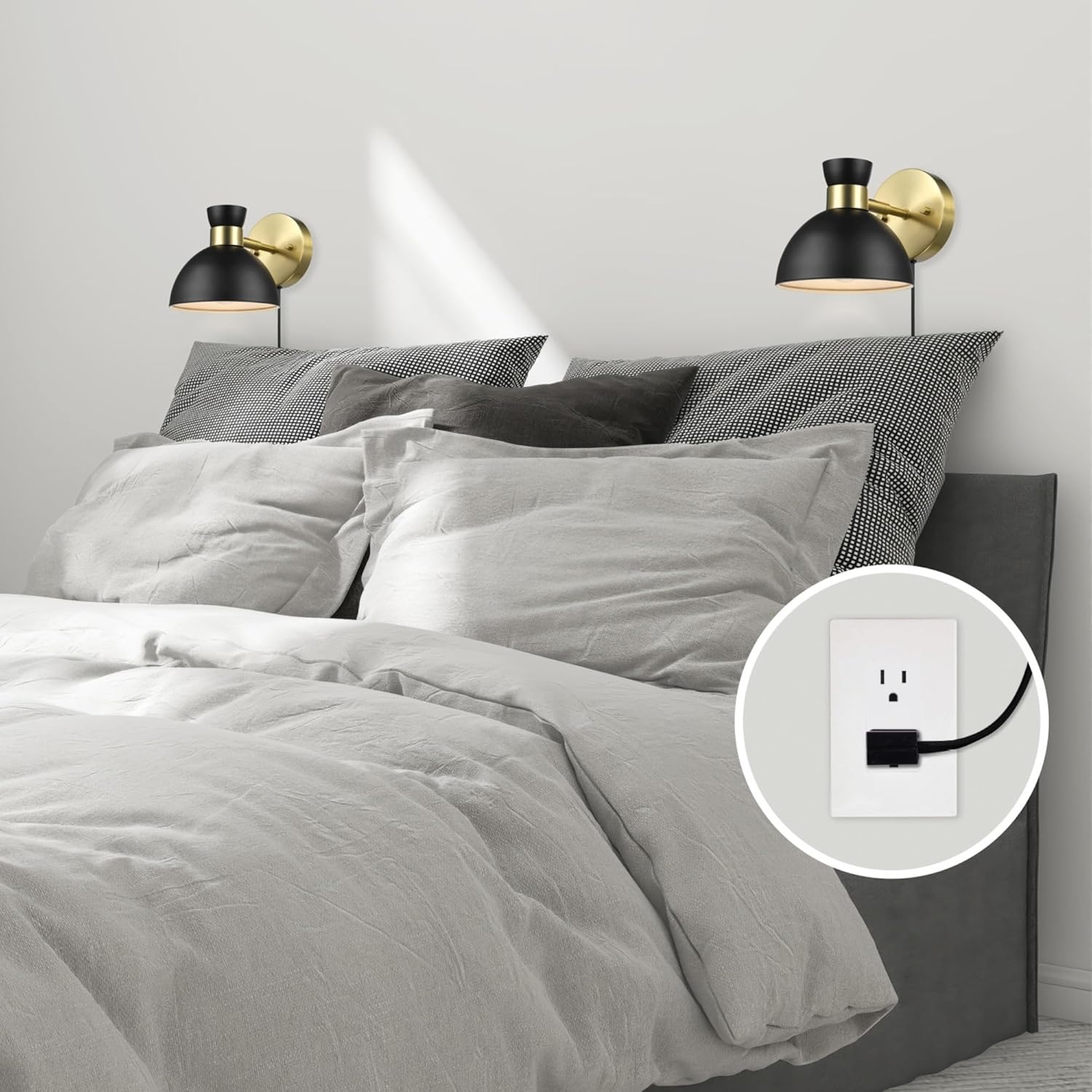 image:imageGlobe Electric Plugin or Hardwire Wall Sconce Matte Black Shade Matte Brass Accents Braided Cord 65000102Brass Matte Black
