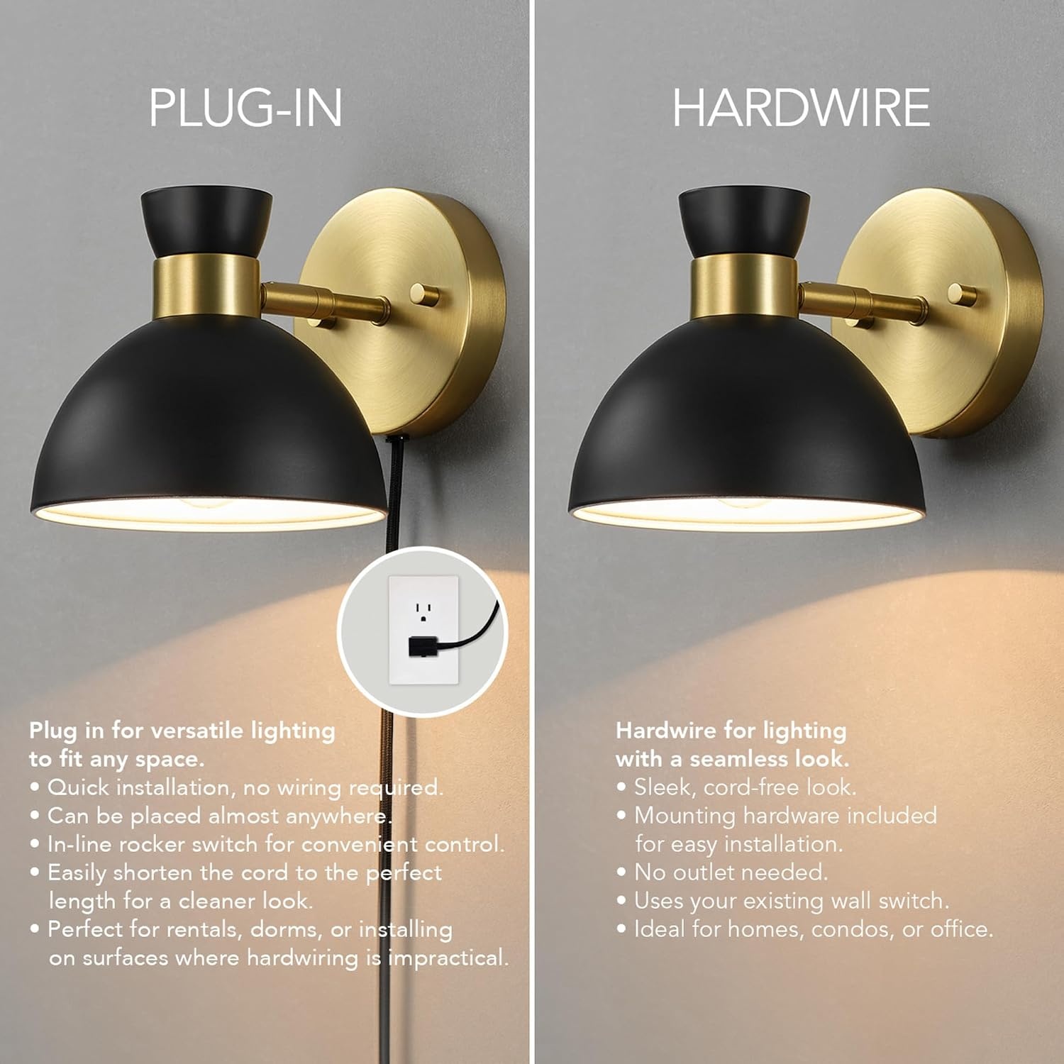 image:imageGlobe Electric Plugin or Hardwire Wall Sconce Matte Black Shade Matte Brass Accents Braided Cord 65000102Brass Matte Black