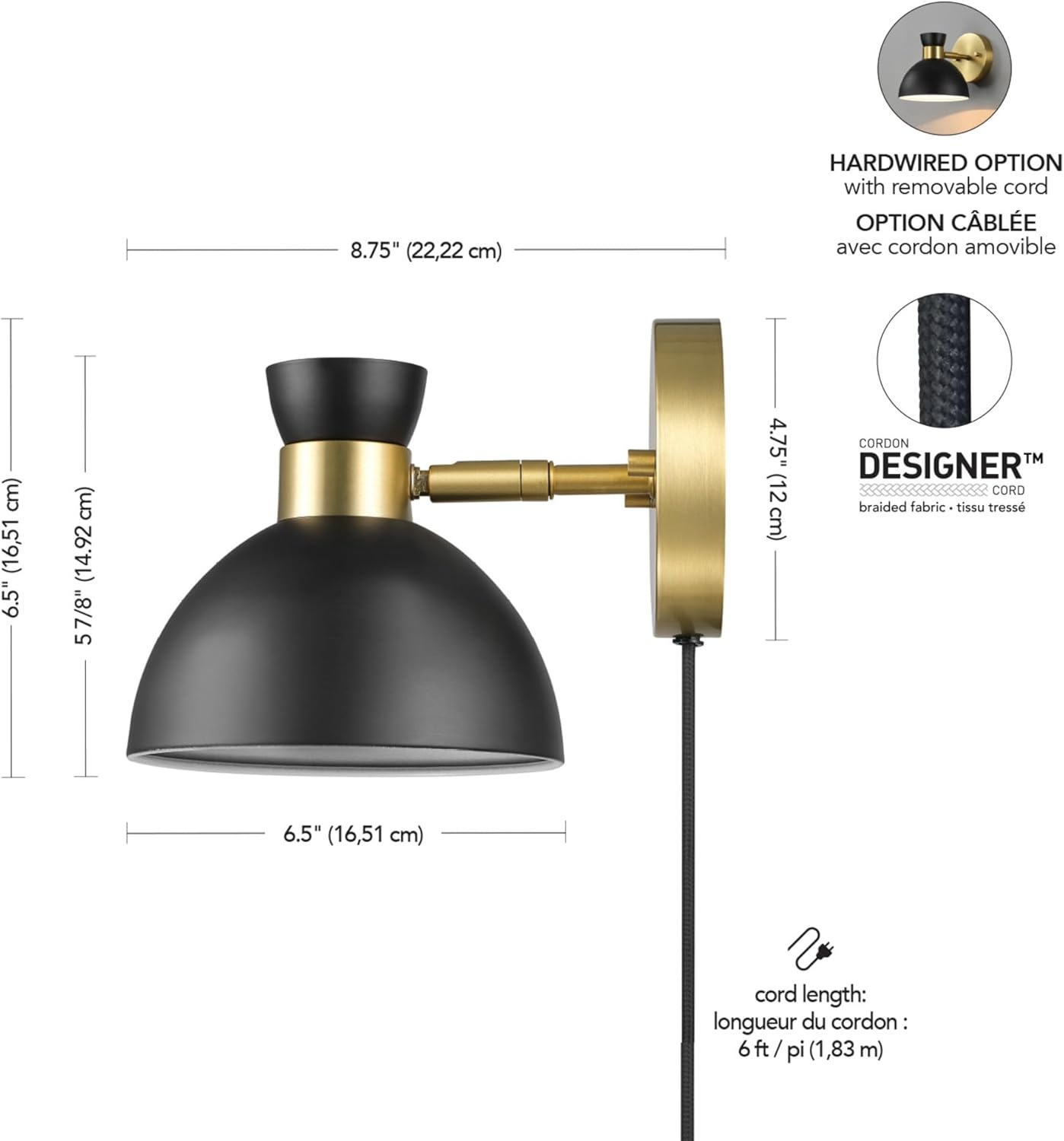 image:imageGlobe Electric Plugin or Hardwire Wall Sconce Matte Black Shade Matte Brass Accents Braided Cord 65000102Brass Matte Black