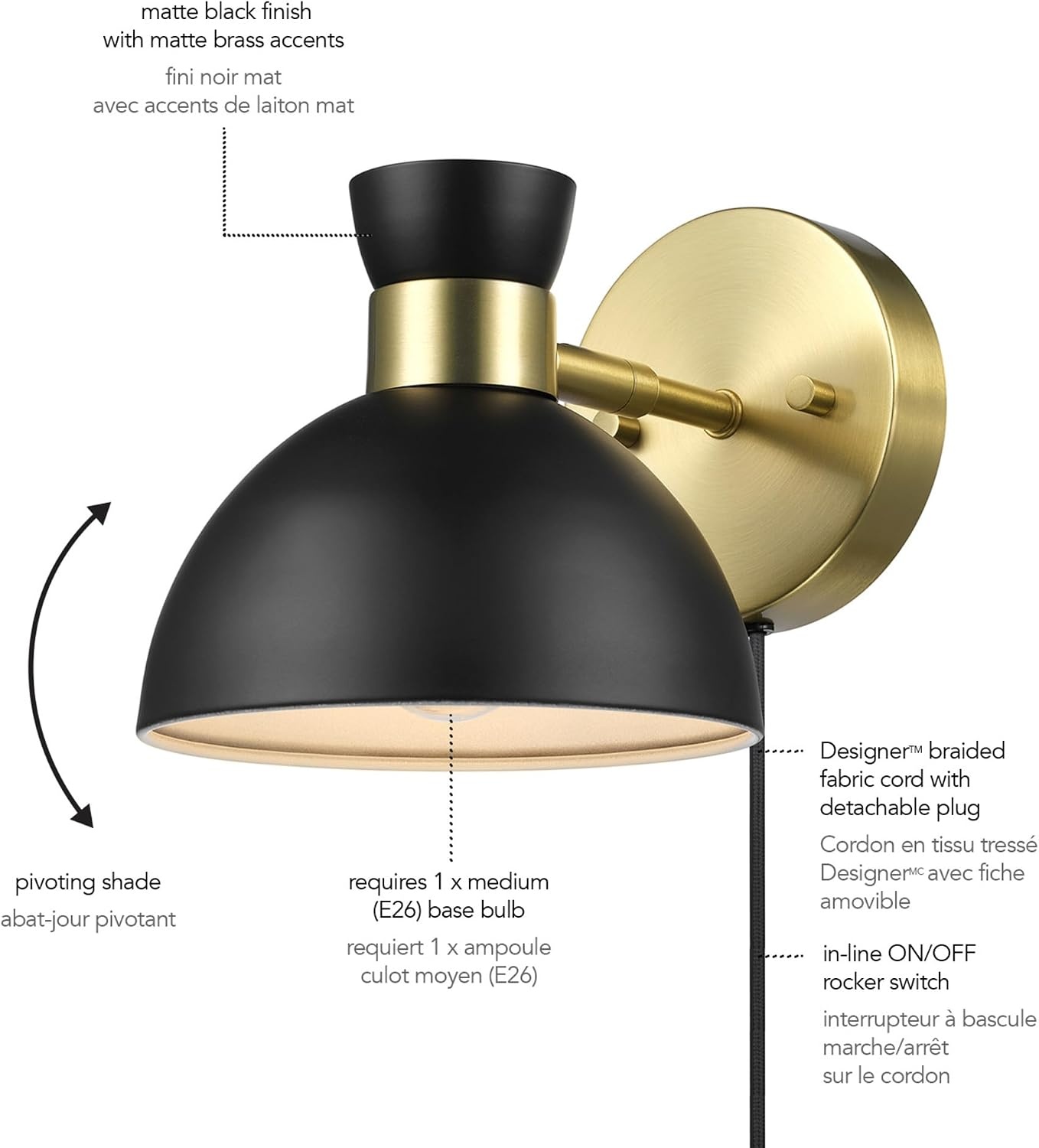 image:imageGlobe Electric Plugin or Hardwire Wall Sconce Matte Black Shade Matte Brass Accents Braided Cord 65000102Brass Matte Black