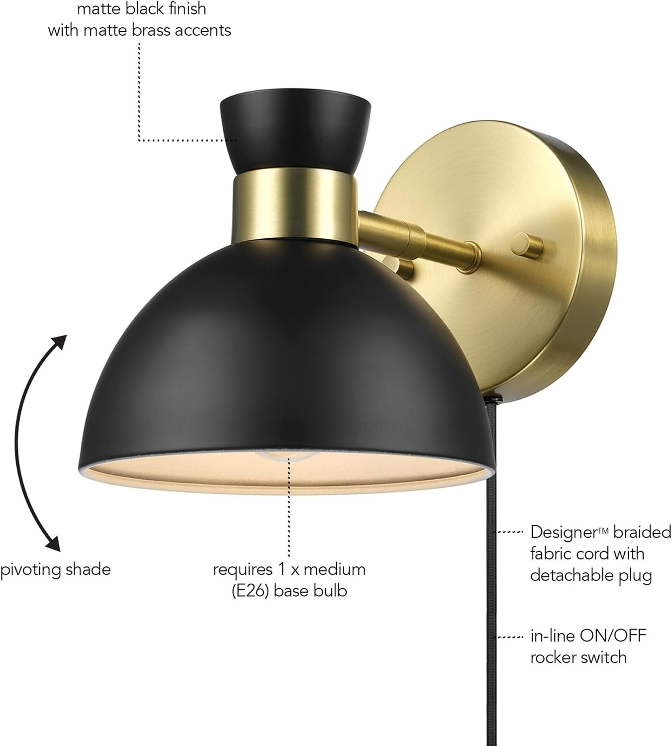 image:imageGlobe Electric Plugin or Hardwire Wall Sconce Matte Black Shade Matte Brass Accents Braided Cord 65000102Brass Matte Black