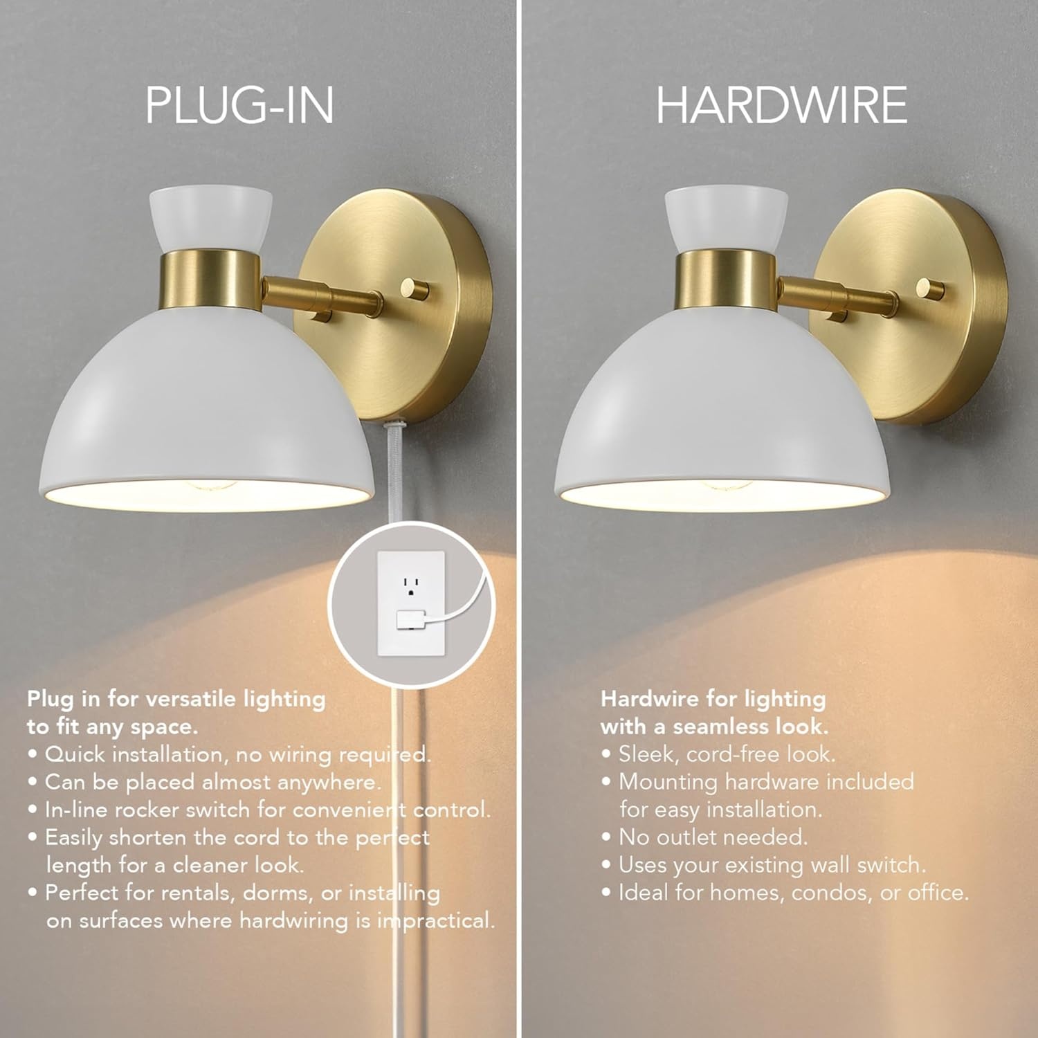 image:imageGlobe Electric Plugin or Hardwire Wall Sconce Matte Black Shade Matte Brass Accents Braided Cord 65000102Brass Matte White