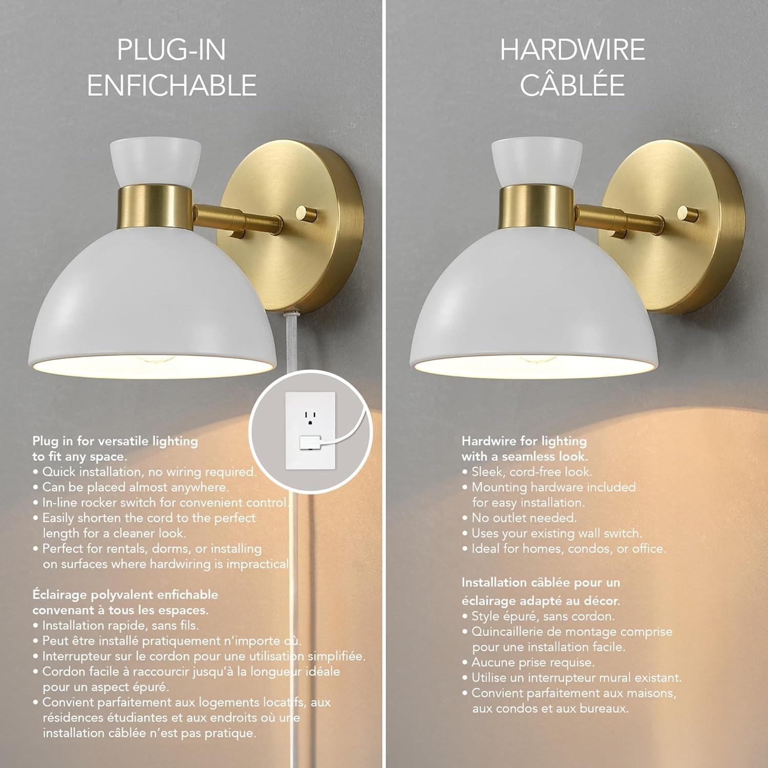 image:imageGlobe Electric Plugin or Hardwire Wall Sconce Matte Black Shade Matte Brass Accents Braided Cord 65000102Brass Matte White