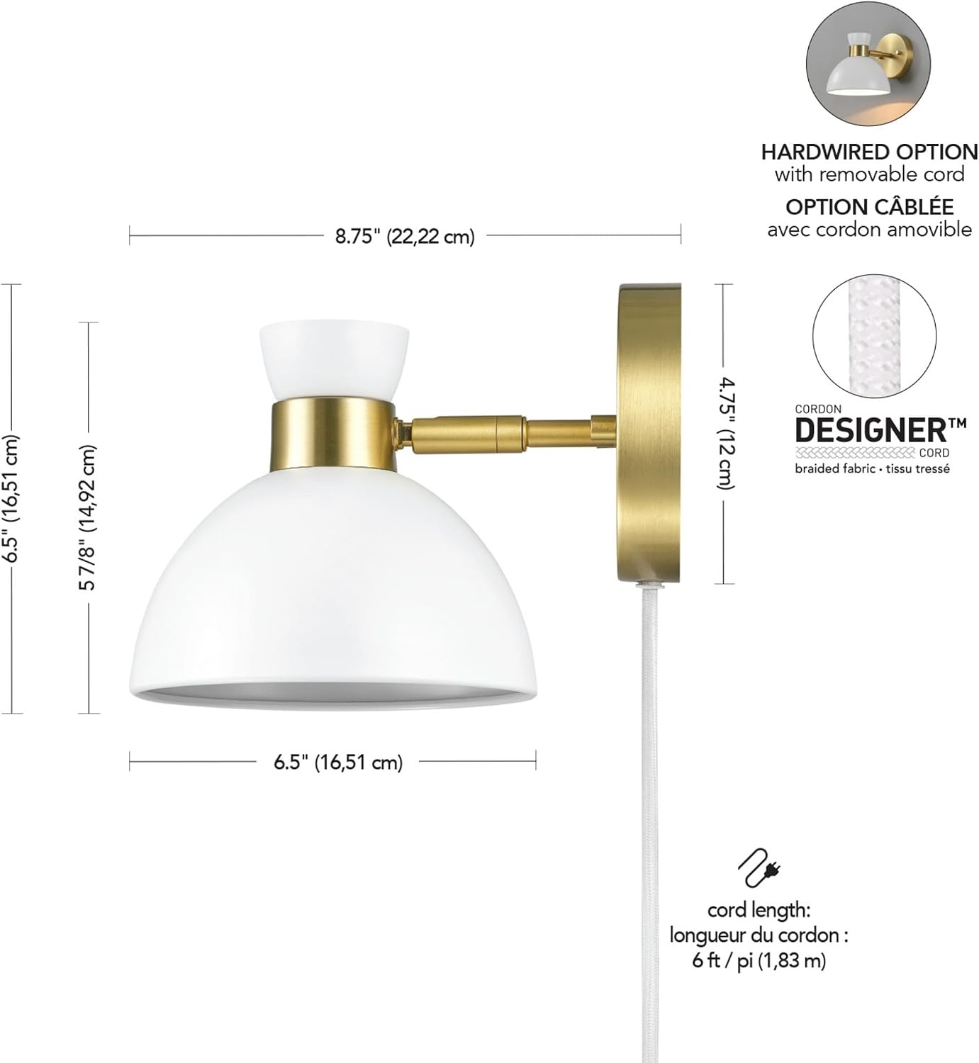image:imageGlobe Electric Plugin or Hardwire Wall Sconce Matte Black Shade Matte Brass Accents Braided Cord 65000102Brass Matte White