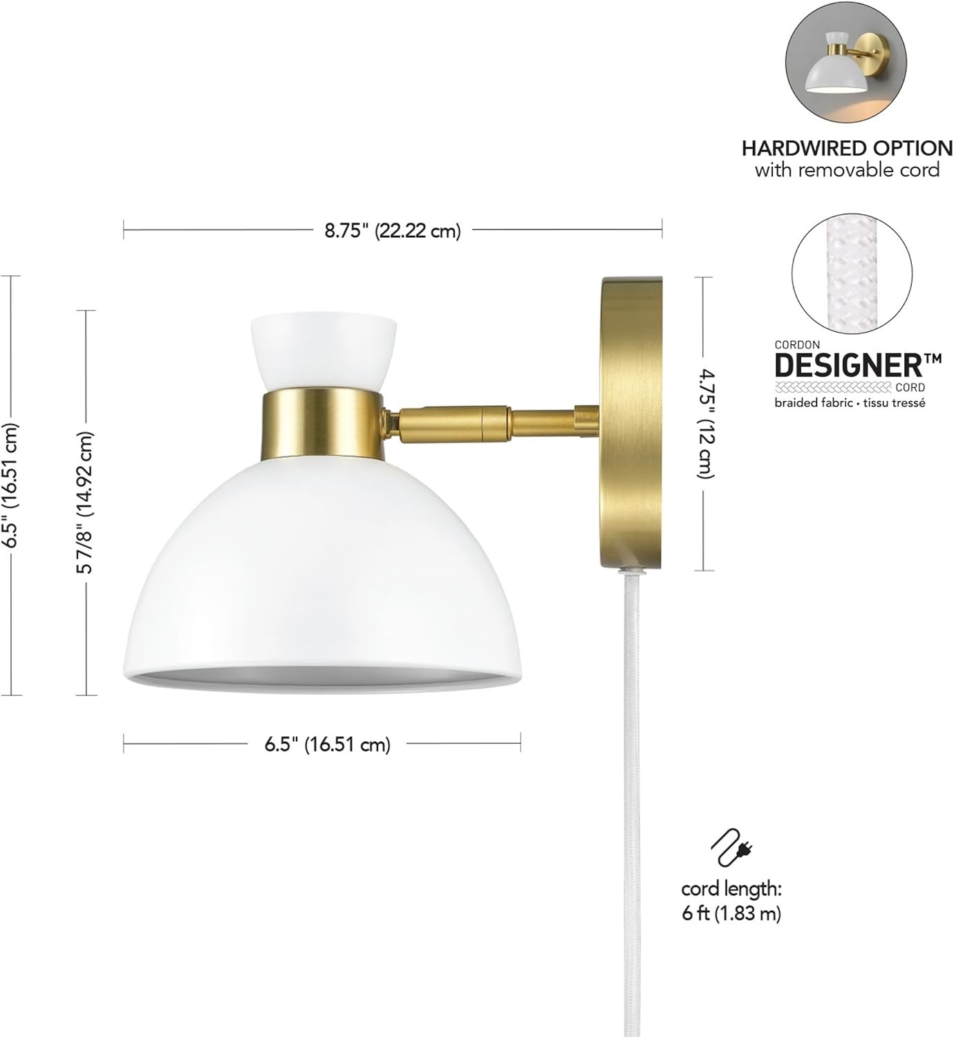 image:imageGlobe Electric Plugin or Hardwire Wall Sconce Matte Black Shade Matte Brass Accents Braided Cord 65000102Brass Matte White