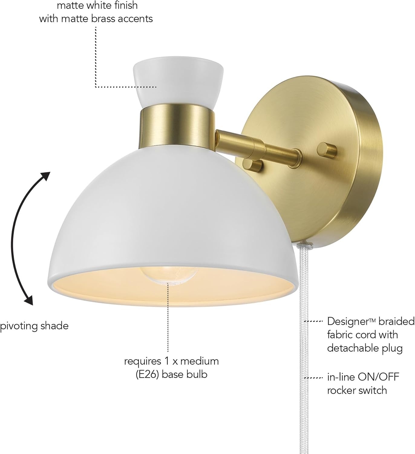 image:imageGlobe Electric Plugin or Hardwire Wall Sconce Matte Black Shade Matte Brass Accents Braided Cord 65000102Brass Matte White