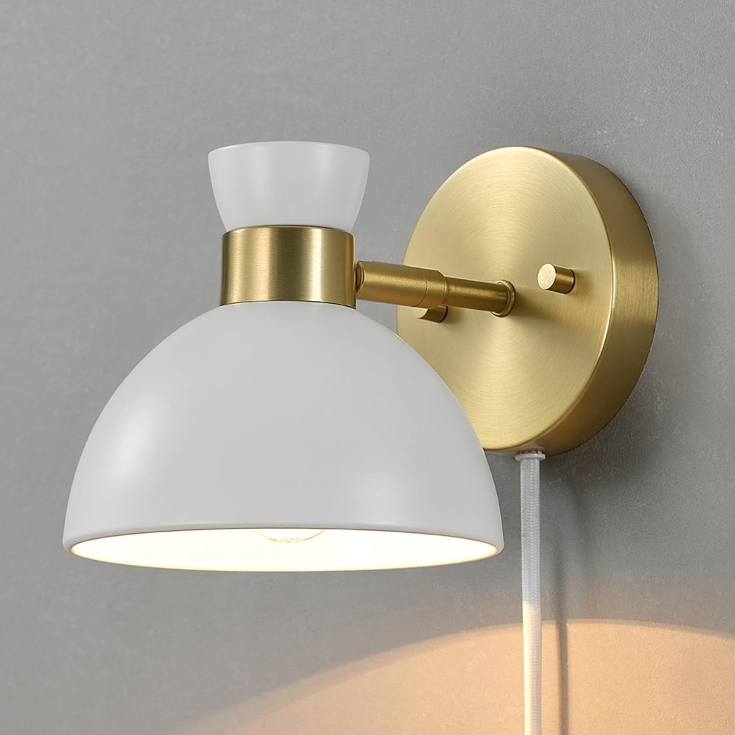 image:imageGlobe Electric Plugin or Hardwire Wall Sconce Matte Black Shade Matte Brass Accents Braided Cord 65000102Brass Matte White