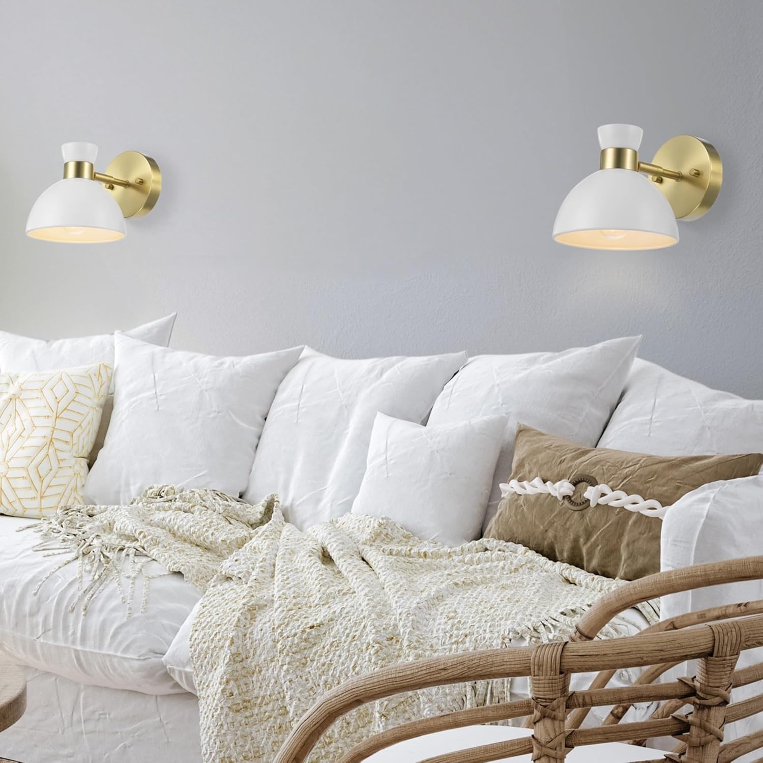 image:imageGlobe Electric Plugin or Hardwire Wall Sconce Matte Black Shade Matte Brass Accents Braided Cord 65000102Brass Matte White