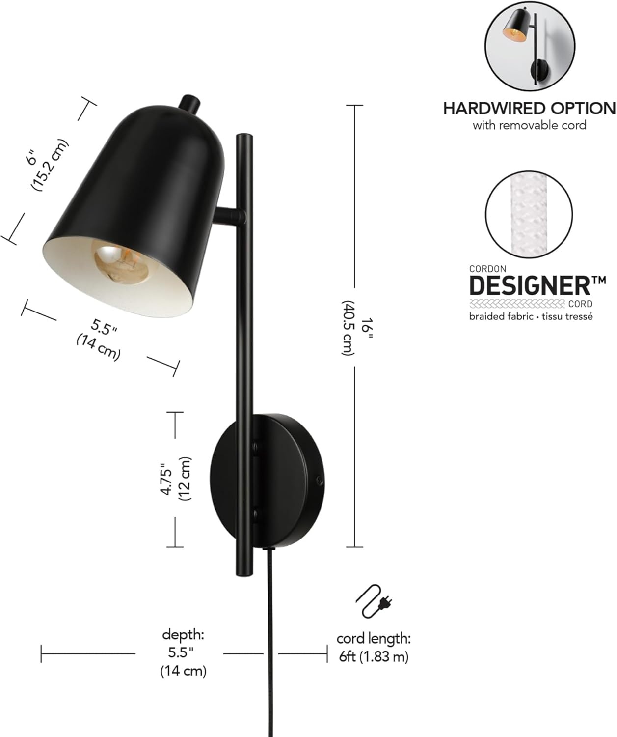 image:imageGlobe Electric Plugin or Hardwire Wall Sconce Matte Black Shade Matte Brass Accents Braided Cord 65000102Matte Black Eastmont