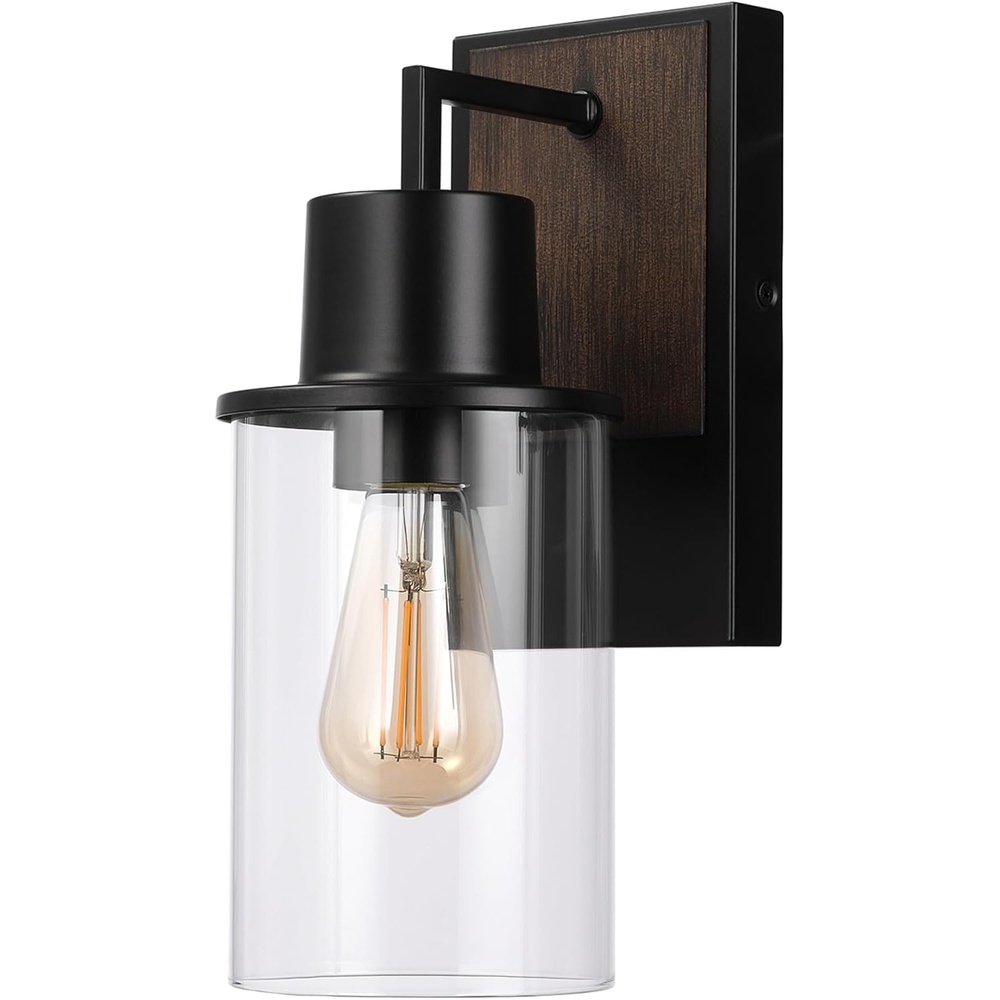 image:imageGLOBE Electric 60000025 1Light Outdoor Wall Sconce Matte Black Faux Wood Accent Clear Glass Shade E26 Bulb Outdoor Lighting Modern Front Porch Dcor Wall Lighting Outdoor Light Fixture