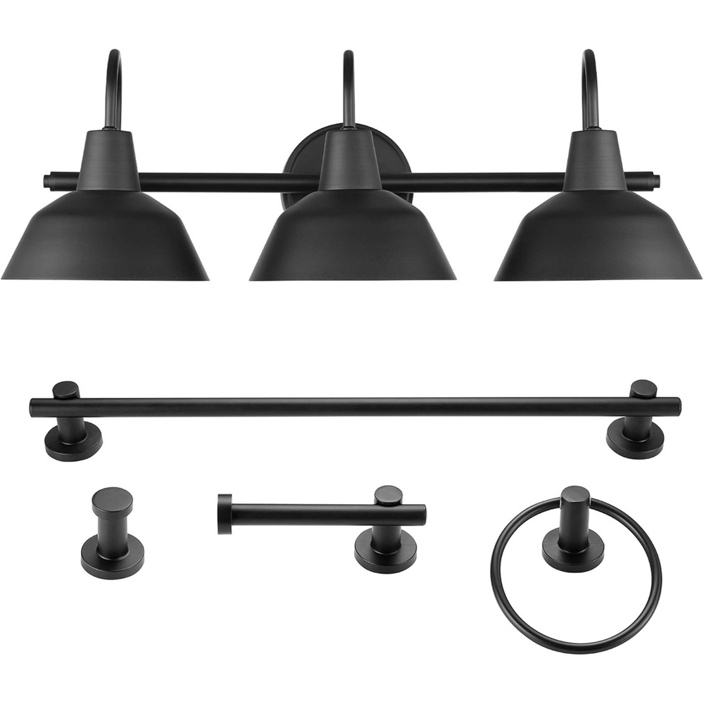 image:imageGLOBE Electric 63000058 5Piece AllinOne Bathroom Accessory Set Brass amp Black 3Light Vanity Light Towel Bar Toilet Paper Holder Towel Ring Robe Hook Bathroom Lights Over MirrorMatte Black  Brooklyn 5Piece