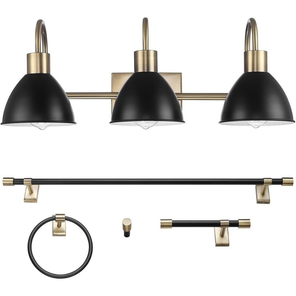 image:imageGLOBE Electric 63000058 5Piece AllinOne Bathroom Accessory Set Brass amp Black 3Light Vanity Light Towel Bar Toilet Paper Holder Towel Ring Robe Hook Bathroom Lights Over MirrorMatte Brass  Ivy 5Piece