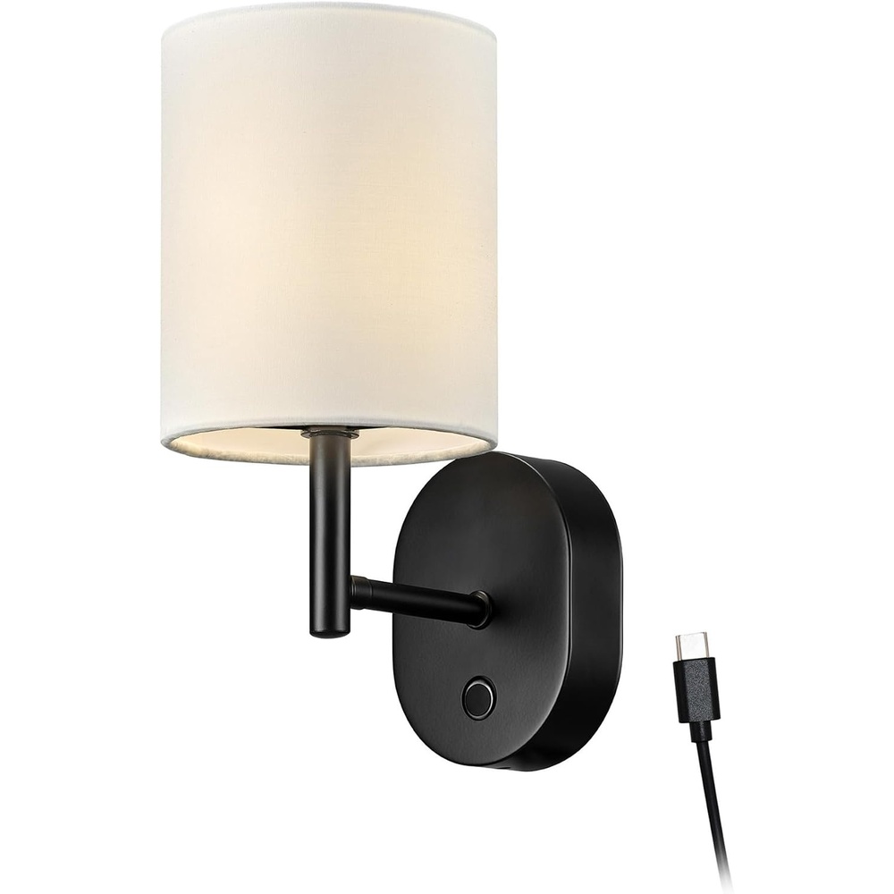 image:imageGLOBE Electric 65000108 Rechargeable Battery Wall Sconce LED Integrated Matte Black White Fabric Shade 3 Brightness Levels USBC Cable Included 15W 150 Lumens 3000 Kelvin 90CRI