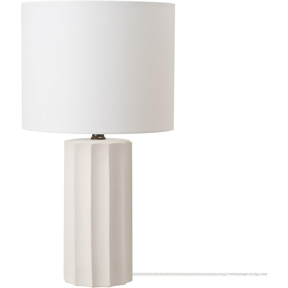 image:imageGlobe Electric 15 Ceramic Table Lamp Matte Black Base WoodToned Accent White Linen Shade Dual Rotary Switch Modern Bedroom or Office Lighting 61000046White Doris