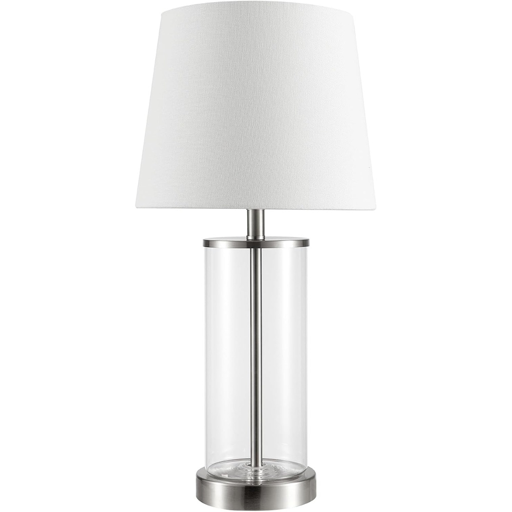 image:imageGlobe Electric 15 Ceramic Table Lamp Matte Black Base WoodToned Accent White Linen Shade Dual Rotary Switch Modern Bedroom or Office Lighting 61000046Steel Clear