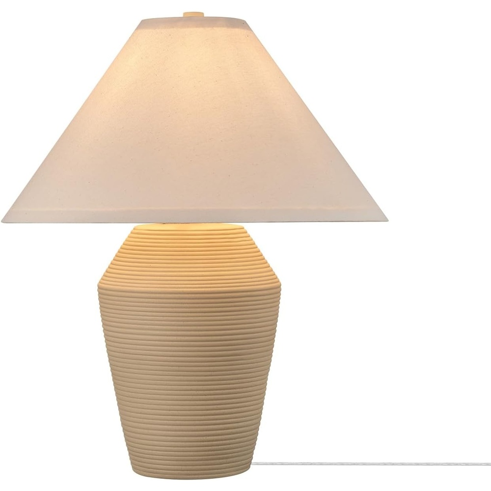image:imageGlobe Electric 15 Ceramic Table Lamp Matte Black Base WoodToned Accent White Linen Shade Dual Rotary Switch Modern Bedroom or Office Lighting 61000046Tan