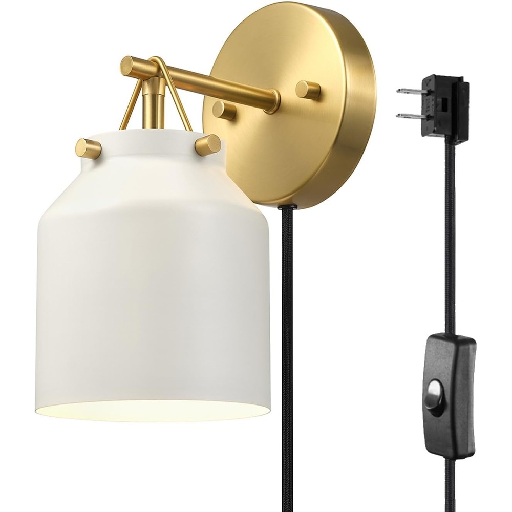 image:imageGlobe Electric 1Light Plugin or Hardwire Wall Sconce Matte White Matte Brass Accents 6ft Black Braided Fabric Cord inLine Rocker Switch Wall Lights for Living Room Home Dcor