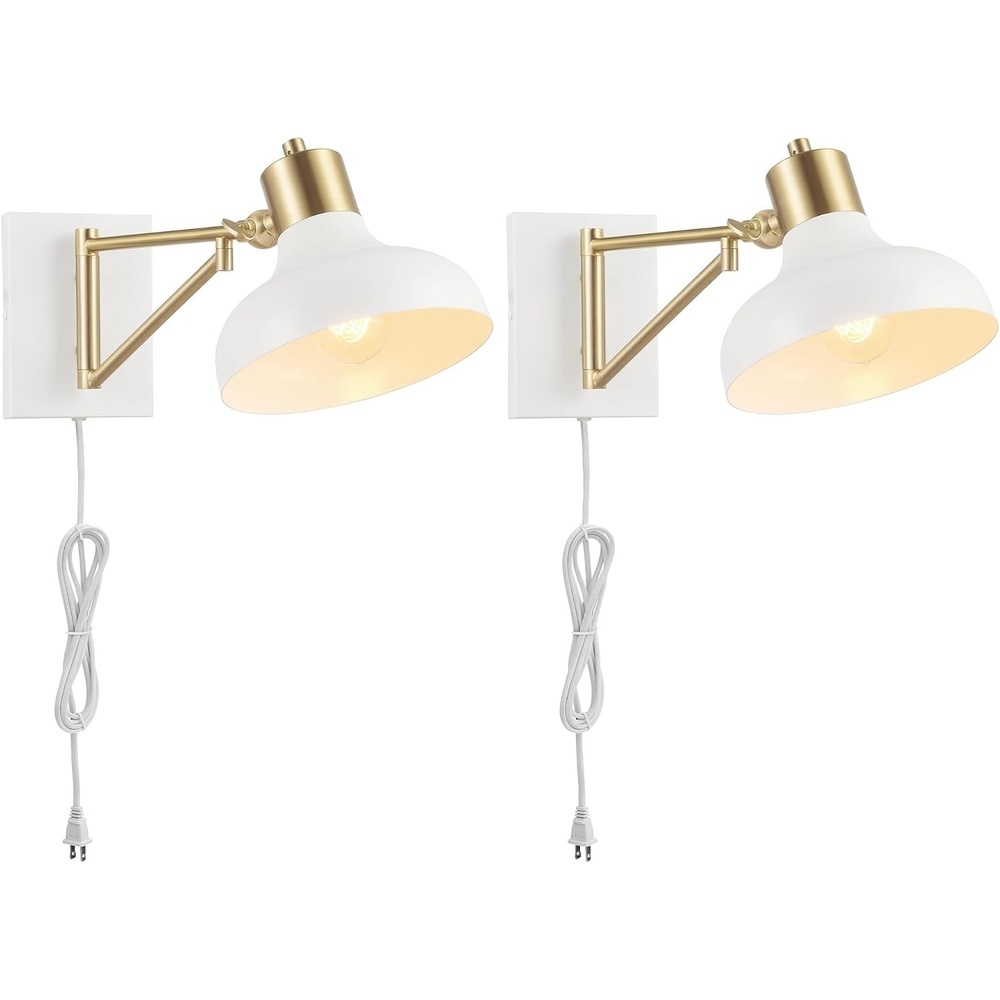 image:imageGlobe Electric 51344 1Light Plugin or Hardwire Swing Arm Wall Sconce White Brass Accents WhiteCloth Cord Mounted Bedside Lamp Kitchen Sconces WallLighting Bulb Not Included575 Pack of 2