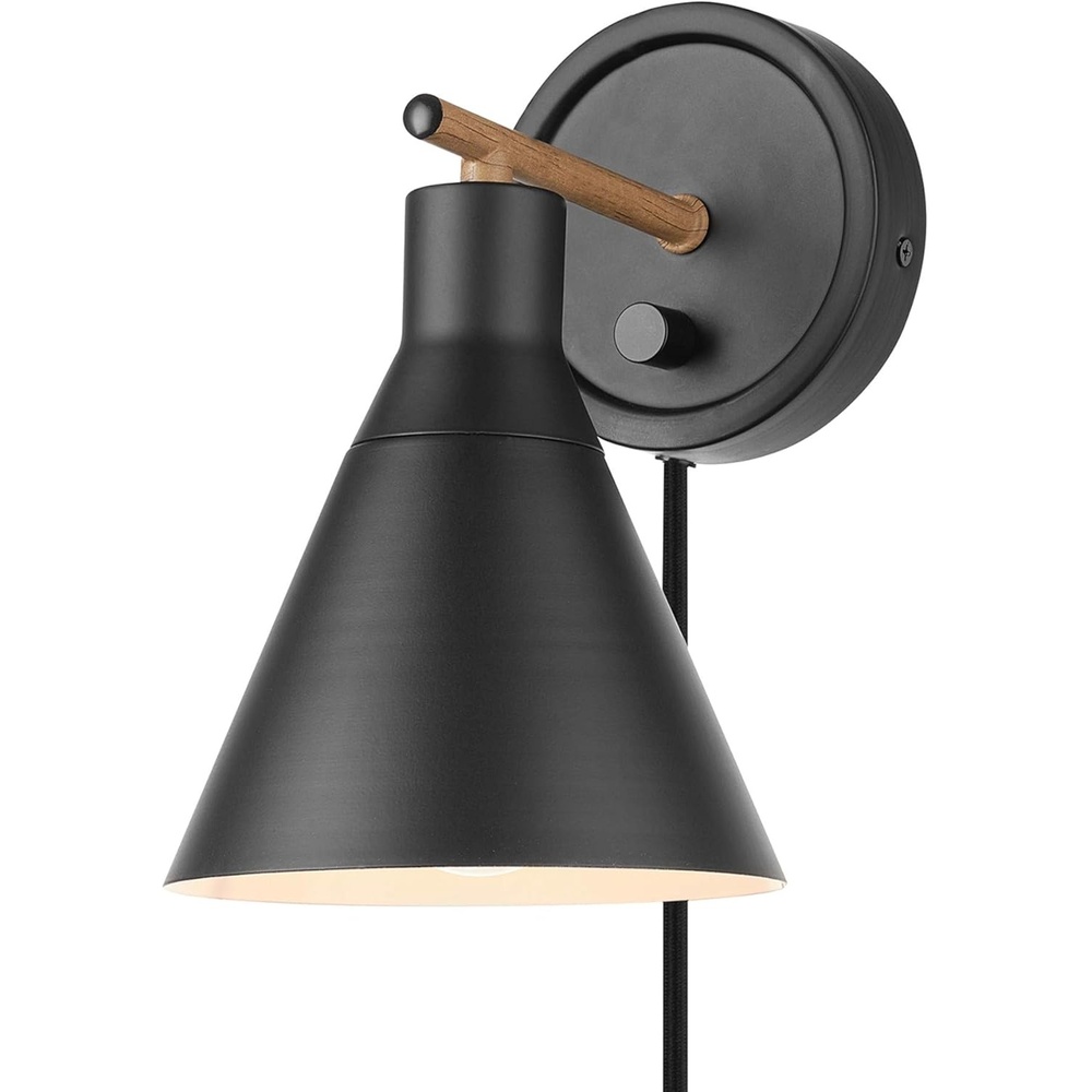 image:imageGlobe Electric 51725 1Light Dimmable Plugin or Hardwire Wall Sconce Matte Black Faux Walnut Accent Stepless Dimming Rotary Switch on Canopy Black Fabric Cord Bulb Not Included