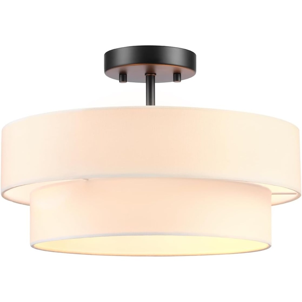 image:imageGlobe Electric 60315 2Light Flush Mount Ceiling Light Dark Bronze Finish White Linen Shade Low Profile Drum Design E26 Base DimmableMatte Black Linen Shade