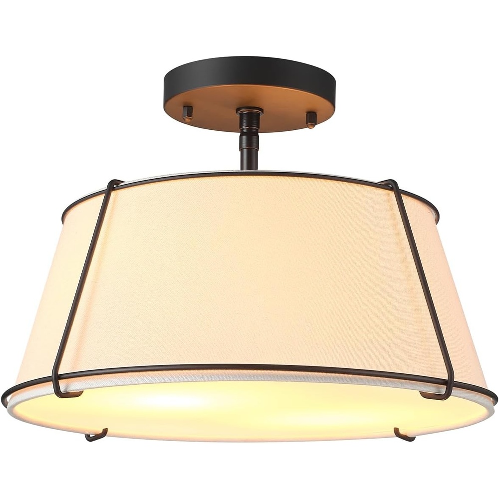image:imageGlobe Electric 60315 2Light Flush Mount Ceiling Light Dark Bronze Finish White Linen Shade Low Profile Drum Design E26 Base DimmableMatte Black White Fabric Shade