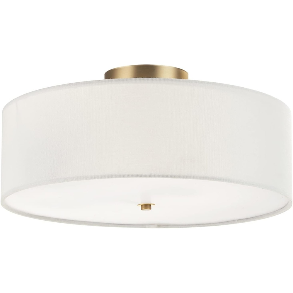 image:imageGlobe Electric 60315 2Light Flush Mount Ceiling Light Dark Bronze Finish White Linen Shade Low Profile Drum Design E26 Base DimmableMatte Brass Linen Shade