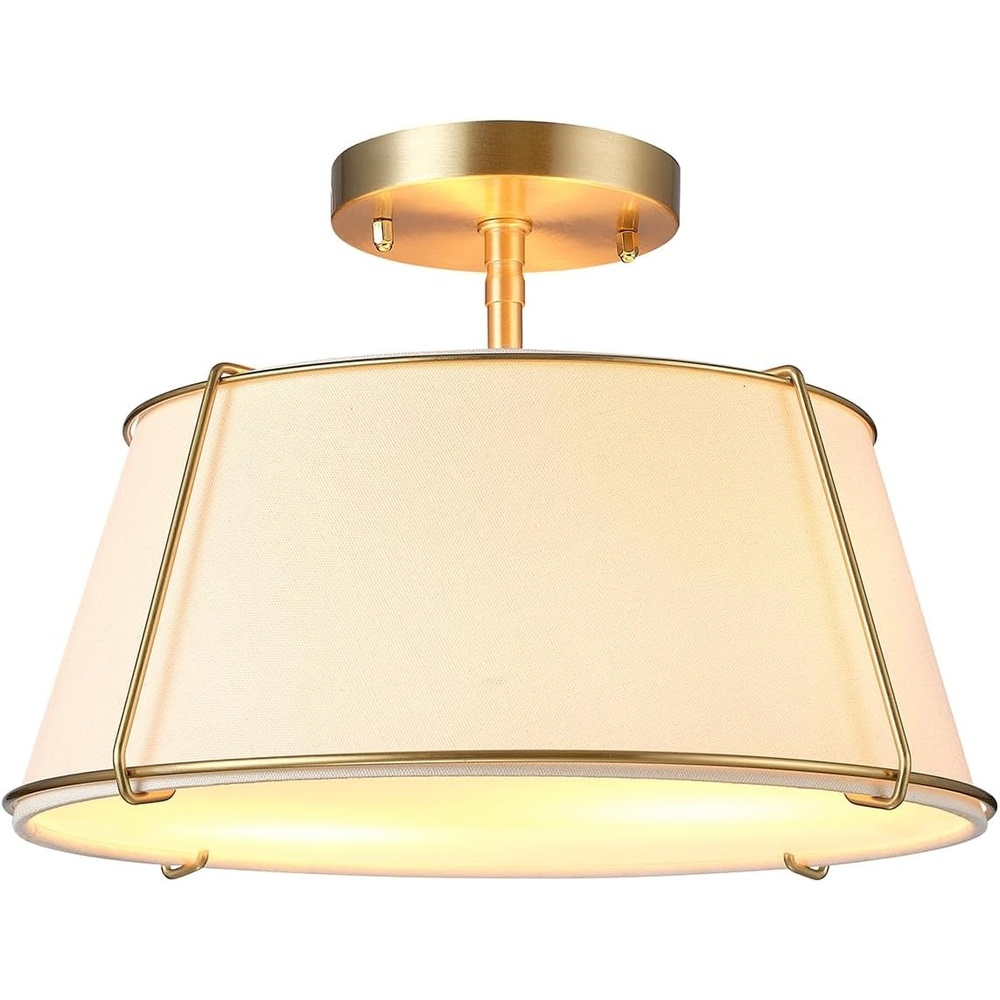 image:imageGlobe Electric 60315 2Light Flush Mount Ceiling Light Dark Bronze Finish White Linen Shade Low Profile Drum Design E26 Base DimmableMatte Brass OffWhite Fabric Shade