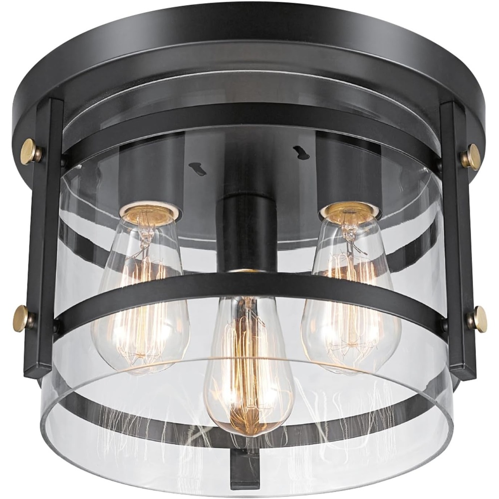 image:imageGlobe Electric 60870 2Light Flush Mount Ceiling Light Matte Black Brass Accents Clear Glass Shade Modern Lighting for Hallway Bedroom or Living Room E26 Base Bulbs Not IncludedDark Bronze  Brass
