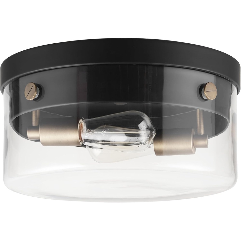 image:imageGlobe Electric 60870 2Light Flush Mount Ceiling Light Matte Black Brass Accents Clear Glass Shade Modern Lighting for Hallway Bedroom or Living Room E26 Base Bulbs Not IncludedMatte Black Brass