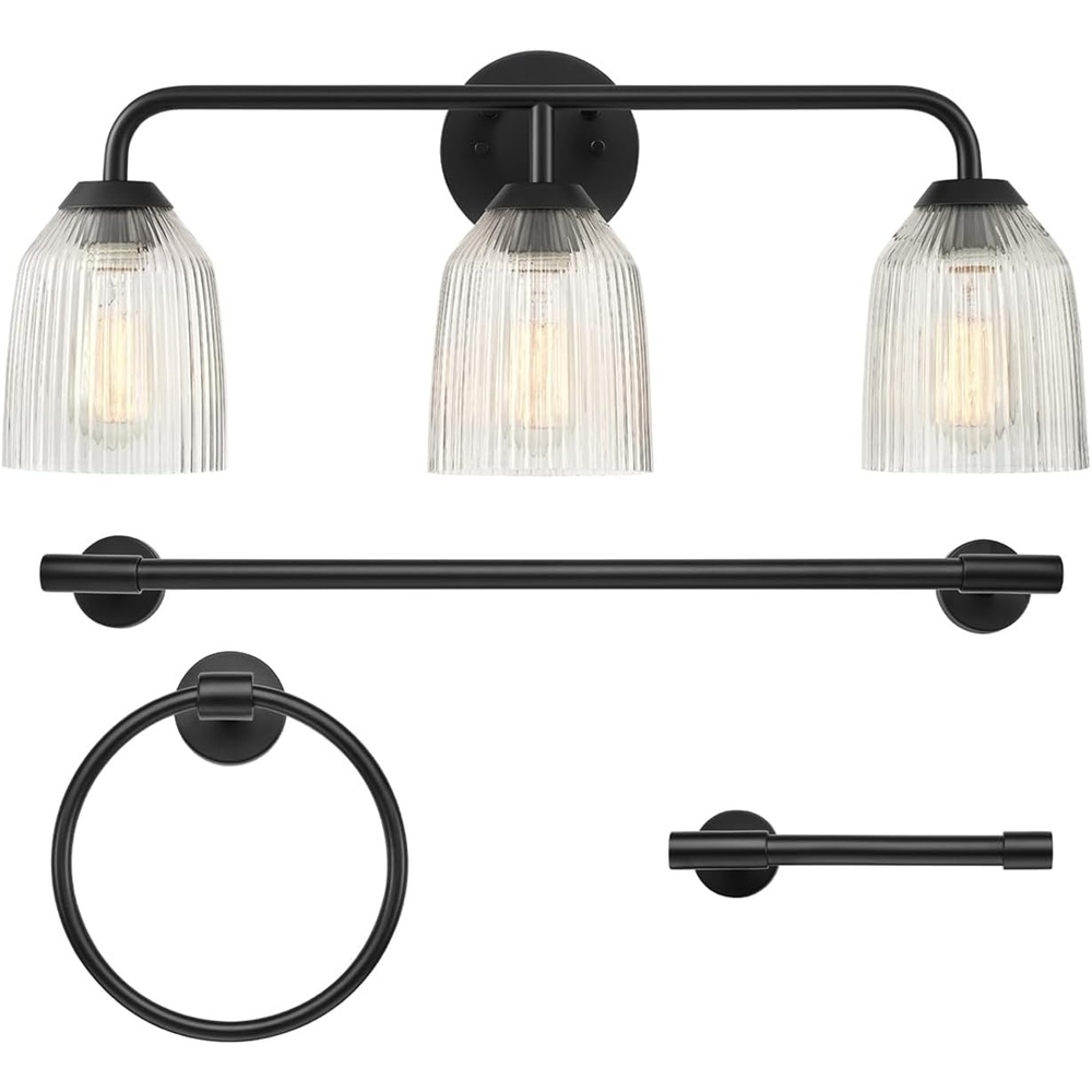 image:imageGlobe Electric 63000200 22 3Light Vanity Light Matte Black Matte Brass Accents Glass Shades Beauty Room Accessories Lights for Bathroom Powder Room Lighting Bathroom Lights Over MirrorMatte Black Ribbed Glass Shades