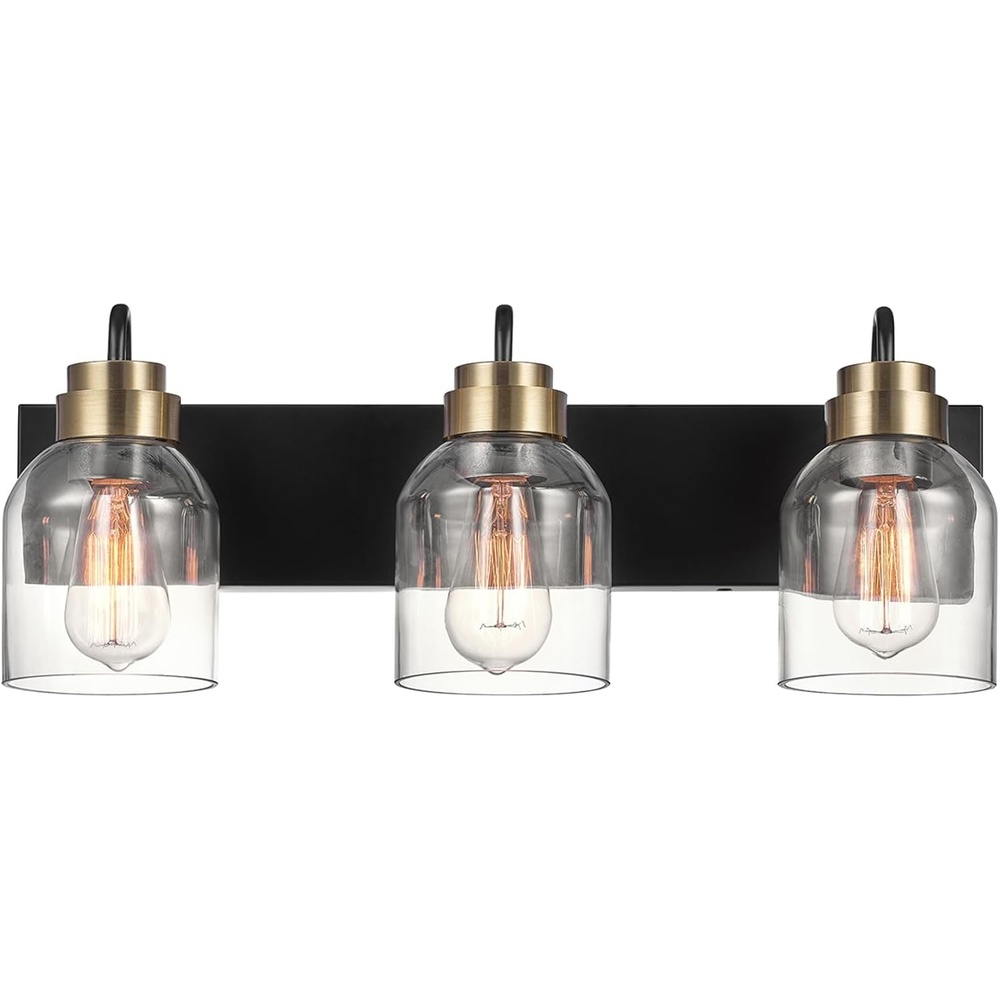 image:imageGlobe Electric 63000200 22 3Light Vanity Light Matte Black Matte Brass Accents Glass Shades Beauty Room Accessories Lights for Bathroom Powder Room Lighting Bathroom Lights Over MirrorTerra Black