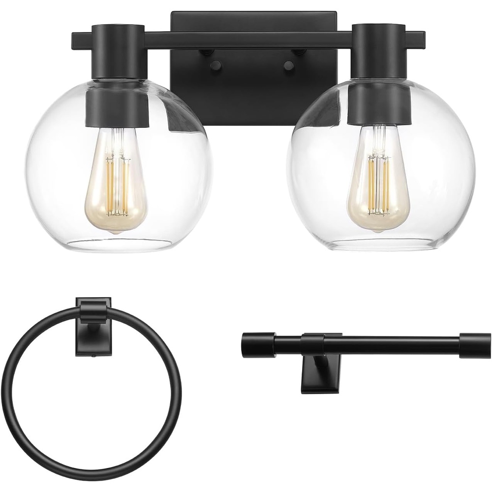 image:imageGlobe Electric 63000200 22 3Light Vanity Light Matte Black Matte Brass Accents Glass Shades Beauty Room Accessories Lights for Bathroom Powder Room Lighting Bathroom Lights Over MirrorMatte Black