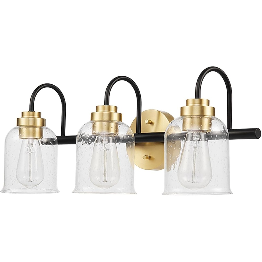 image:imageGlobe Electric 63000200 22 3Light Vanity Light Matte Black Matte Brass Accents Glass Shades Beauty Room Accessories Lights for Bathroom Powder Room Lighting Bathroom Lights Over MirrorMatte Black Seeded Glass