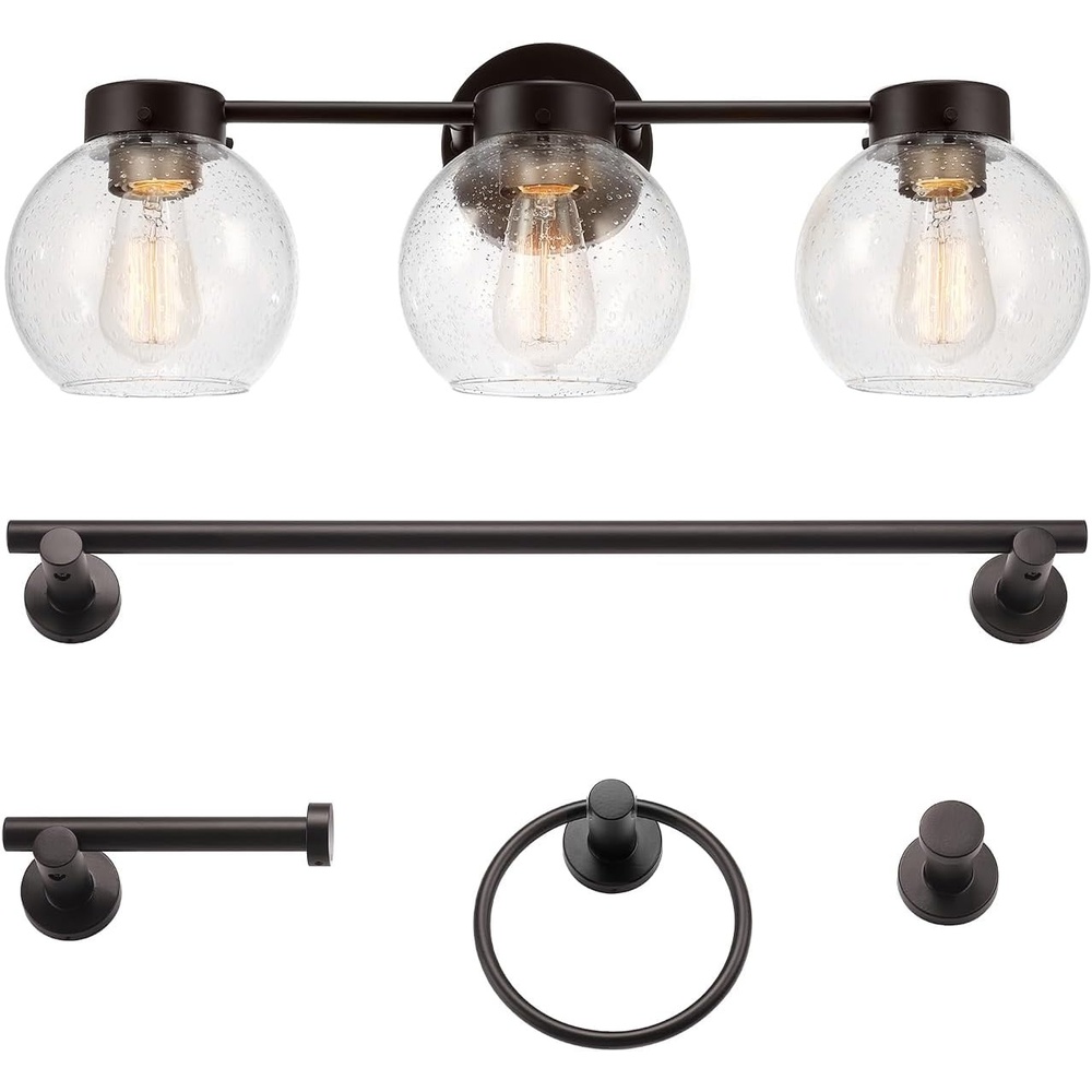 image:imageGlobe Electric 63000200 22 3Light Vanity Light Matte Black Matte Brass Accents Glass Shades Beauty Room Accessories Lights for Bathroom Powder Room Lighting Bathroom Lights Over MirrorDark Bronze