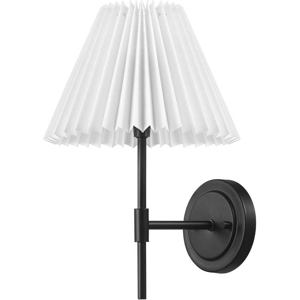 image:imageGlobe Electric 65000043 1Light Plugin or Hardwire Wall Sconce Matte Black White Fabric Shade Swing Arm 6ft Black Braided Fabric Cord OnOff Pull Chain Wall Lights for Living Room Home DcorMatte Black  White Pleated Shade