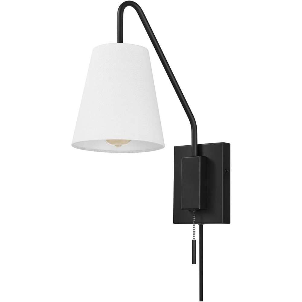 image:imageGlobe Electric 65000043 1Light Plugin or Hardwire Wall Sconce Matte Black White Fabric Shade Swing Arm 6ft Black Braided Fabric Cord OnOff Pull Chain Wall Lights for Living Room Home DcorMatte Black Everett