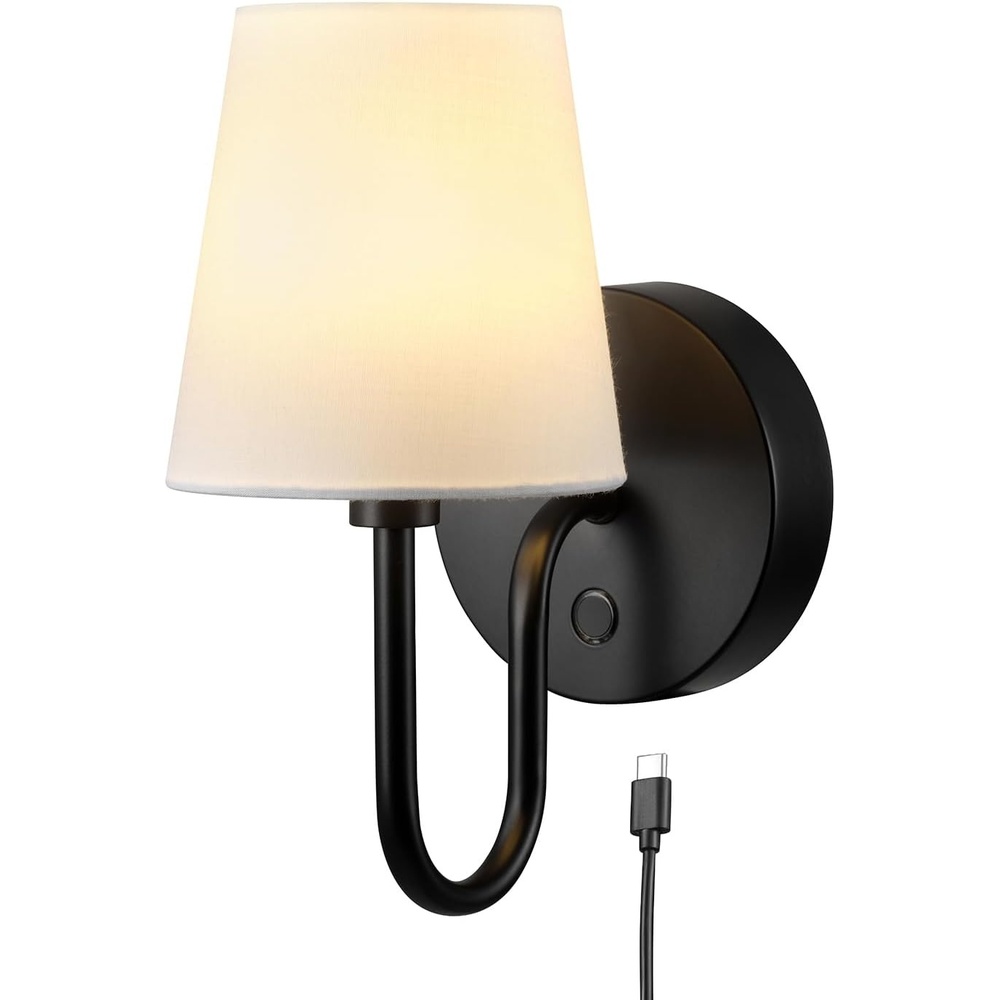 image:imageGlobe Electric 65000132 Rechargeable Battery Wall Sconce Integrated LED Matte Black Finish White Fabric Shade 3Step Touch Dimming Timer USBC Charging Wireless Modern LightingMatte Black  Marissa