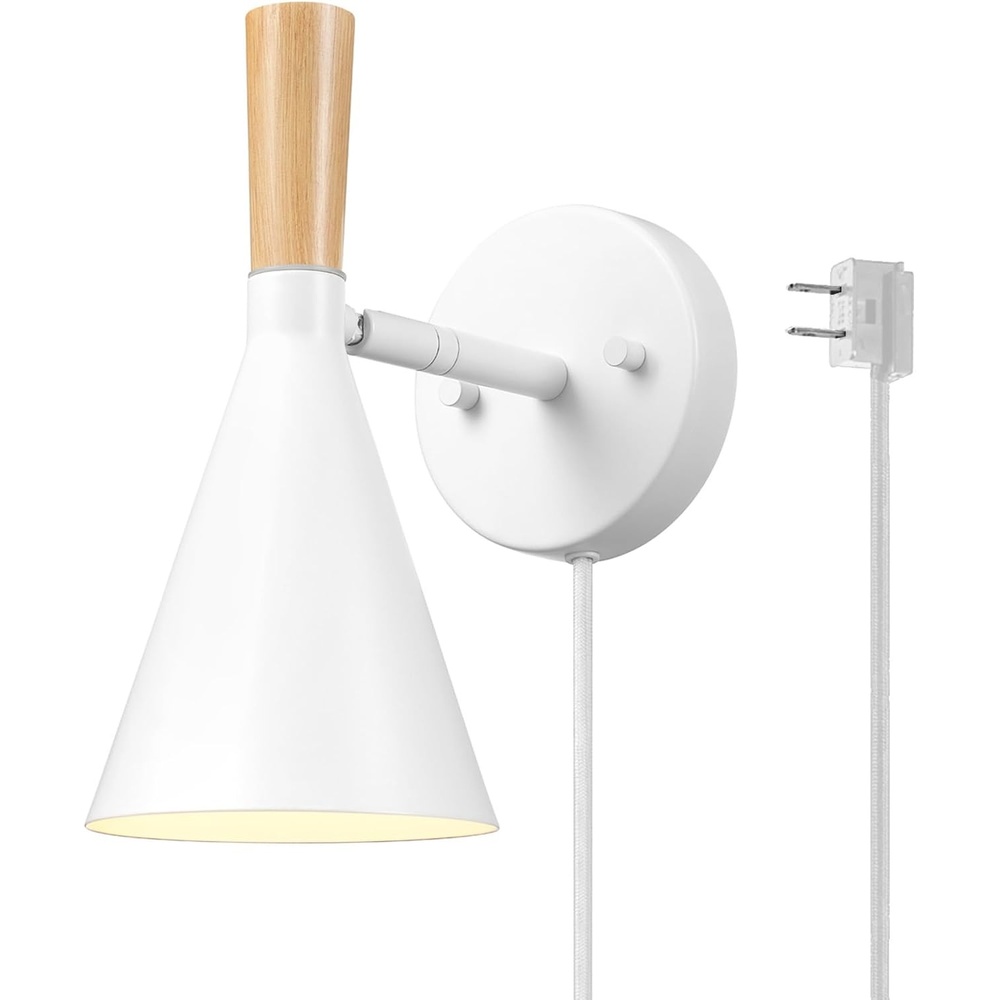 image:imageGlobe Electric 65000147 1Light Plugin or Hardwire Wall Sconce Matte White Light WoodToned OnOff Rotary Switch on Pivoting Shade 6ft White Braided Fabric Cord Wall Lights for Living Room