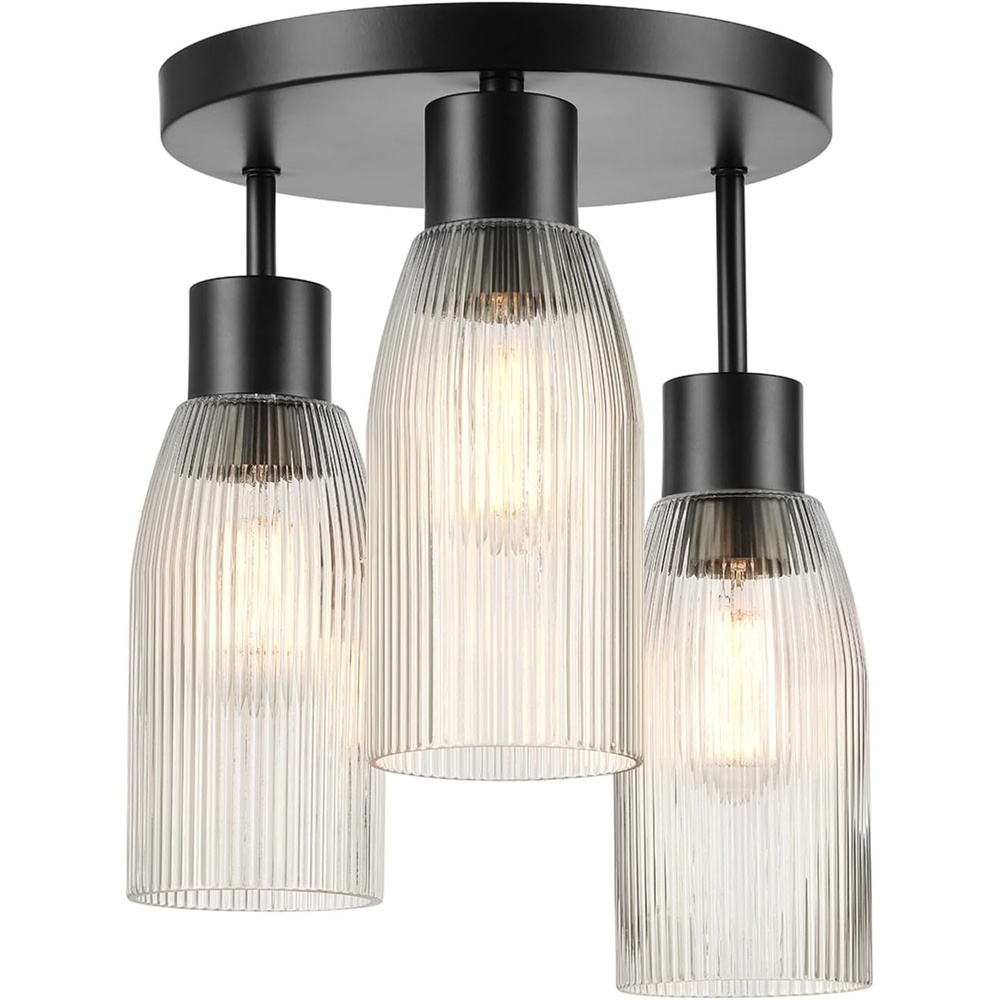 image:imageGlobe Electric 65457 3Light Flush Mount Ceiling Light Matte Gold Clear Glass Shades Bedroom Lighting Fixtures Ceiling Dining Room Fixture Timeless Lighting for Hallway or Dining RoomMatte Black  Clear Ribbed Glas