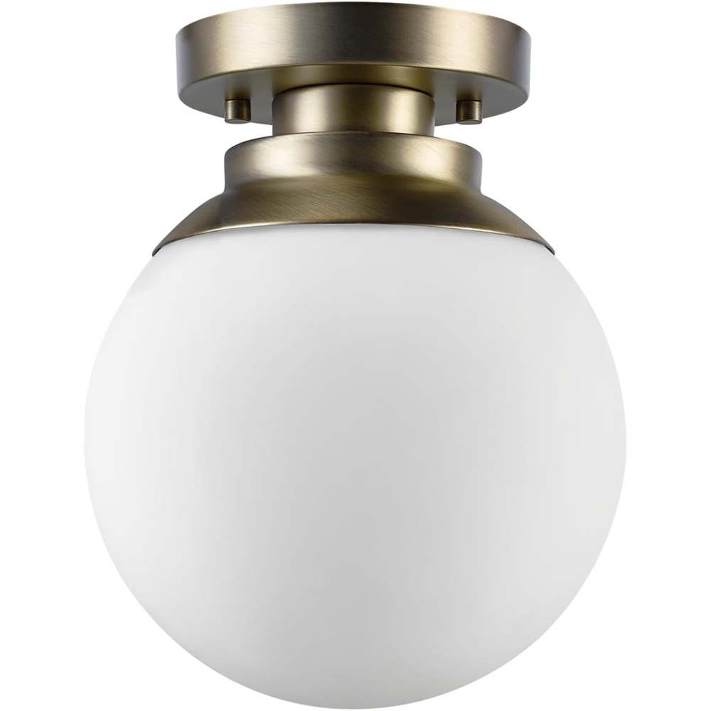 image:imageGlobe Electric 65792 Portland 1Light SemiFlush Mount Ceiling Light Brass Satin Finish Matte Opal White Glass Shade 991